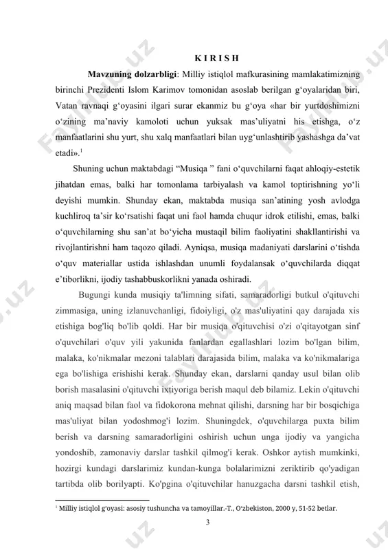 esa, musiqa madaniyati darslarini rejalashtirish musiqa darslari samaradorligini ta`minlaydi. shuningdek, o'zi o'qitayotgan sinf o'quvchilarini o'z farzandi mehri bilan sevishi va o'z oldiga yosh avlodni kelajakning yetuk hamda barkamol avlodi etib tarbiyalashdek murakkab va mas’uliyatli vazifa turganini unutmasligi kerak. uning bu kuchidan mazmunli va unumli foydalanish musiqa o`qituvchisining kasbiy malakasiga bog`liqdir . yosh avlodni yuksak madaniyatli, estetik didi yuqori darajada rivojlangan komil insonlar qilib tarbiyalashda musiqa ta’limining ahamiyati beqiyosdir. biz ushbu malakaviy bitiruv ishimizda yangi o‘quv dasturi asosida musiqa ta’limining mazmuni va mohiyati. davlat ta’lim standart va o‘quv talabi asosida musiqa ta’limining mohiyati, musiqa tarbiyasining shakllari, musiqa ta’limining mazmuni, haqidagi qisqacha to‘xtalib o‘tamiz. o'quvchilarni izlanishga undash, ta'lim jarayonida hamkorlik munosabatlarini tashkil etishda dars samaradorlighini oshirishning o'rni beqiyos. chunki mavjud ta'lim jarayonida o'quvchilarga bilimlar tayyor holda berilmasdan, ularning o'zlari muammolarni hal etishga yo'naltiriladi va bu jarayonda yangi bilimlarni egallaydilar. musiqa ta`limining samaradorligini oshirishning o'quvchilar tafakkurini o'stirishdagi o'rnini inobatga olgan holda bitiruv malakaviy …