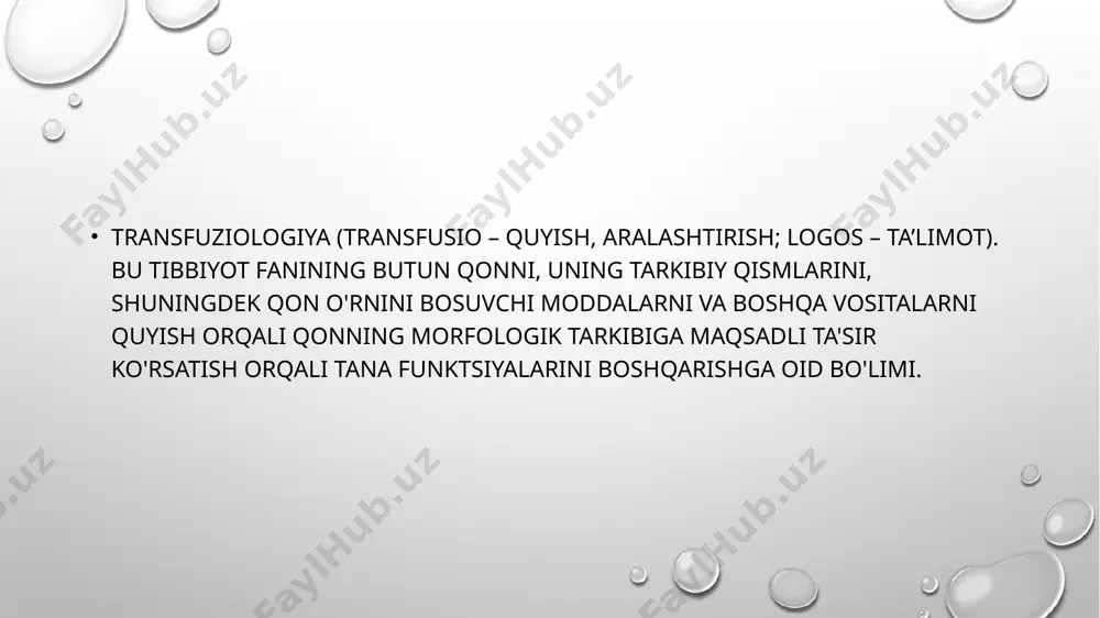 paratlar — oksiamal, volekam, plazmosteril, voleks, 6—xes; polietilen glikol asosidagi polioksidinlar ishlatiladi. dezintoksikatsion (organizmni zaharli moddalardan tozalovchi preparatlar) taʼsir etuvchilarga quyi molekulali polivinil-pirrolidon asosidagi preparatlar, asosan, gemodez, neogemodez, periston-n, subtozan, plazmozan, komidon va h.k. kiradi. ular har xil zaharli moddalar bilan kompleks birikmalar hosil qiladi va siydik orqali organizmdan chiqib ketadi. parenteral ovqatlantirishda (ovqat sifatida) oqsil mahsulotlari (plazma, albumin), shuningdek, oqsil gidrolizatlari (kazein gidrolizati, gidrolizin, aminopeptid, fibrinosol va boshqalar) qoʻllaniladi. yogʻli emulsiyalar (infuzolipol, intralipid, lipifizian, lipofundin, lipozin, infonutrol, fatgen) ham parenteral ovqatlantirish va organizmning quvvatini oshirish uchun ishlatiladi. kompleks taʼsir koʻrsatuvchi, shuningdek, kislorod tashish faoliyatiga ega, suv-tuz hamda kis-lota-ishqor muvozanatini boshqaruvchi q.oʻ.b.s. ham mavjud. donorlar - bemorlarga o’z qonini quyis yoki o'z a'zolarini ko’chirib o’tkazish uchun ixtiyoriy ravishda topshiradigan odamlar. retsipient - donor a'zolar va to'qimalarni qabul qiluvchi bemorlar. donorlar guruhlari: 1.holis donorlar 2. doimiy donorlar (pullik donorlik) 3.faol donorlar 4. zaxira donorlar 5. immun donorlar donorlarni tekshirish: anamnez tòplash …