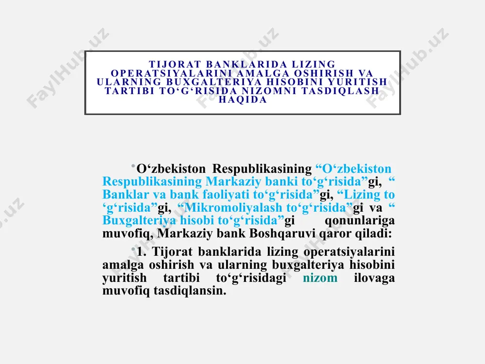 g obyektini egalik qilish va foydalanish uchun olayotgan shaxs; sotuvchi — lizing obyektini lizing beruvchiga sotadigan shaxs; lizing shartnomasi muddati — lizing shartnomasi bo‘yicha tomonlar majburiyatlarining to‘la bajarilgungacha bo‘lgan davr; lizing muddatining boshlanishi — lizing shartnomasiga muvofiq lizing oluvchining lizing obyektiga egalik qilish va foydalanish huquqini amalga oshirishni boshlagan sana, ya’ni lizing obyektini dastlabki (boshlangich) tan olish sanasi; lizing to‘lovlari — lizing beruvchining lizing obyektini olish uchun qilgan xarajatlarining hammasi yoki ko‘p qismi, shuningdek lizing obyektini yetkazib berish va belgilangan maqsadda foydalanish uchun uni yaroqli holga keltirish bilan bog‘liq bo‘lgan boshqa xarajatlarining lizingga oluvchi tomonidan qoplanishi hamda lizing beruvchi daromadi yig‘indisi; lizing shartnomasi muddati tugaganidan so‘ng lizing to‘lovlarini to‘lash shartlari to‘liq bajarilgan taqdirda 15600 lizing (moliyaviy ijara) va 16323 lizing bo‘yicha olish uchun hisoblangan foizlar hisobvaraqlari qoldig‘i nolga teng bo‘ladi. . lizing obyekti lizing oluvchi tomonidan lizing shartnomasi shartlari buzilganligi sababli qaytarib olinganida, lizing beruvchi ushbu aktivning taqdirini hal etgunga …