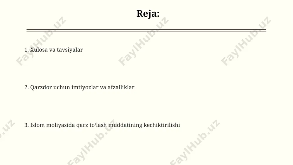 adi. 2022 yildagi hisobotlarga ko'ra, malayziya kabi mamlakatlarda islom moliyaviy institutlari, mijozlarning qiyinchiliklarini hisobga olgan holda, an'anaviy banklarga qaraganda, qarz to'lovlarini kechiktirish bo'yicha ancha moslashuvchan yondashuvni qo'llaydilar. islom moliyasi, an'anaviy foizga asoslangan kreditlardan farqli o'laroq, 2023 yil holatiga ko'ra, dunyoning 50 dan ortiq mamlakatida 2 trillion dollarlik aktivlarni boshqaradi va shartnoma asosida muddatni uzaytirish imkoniyatini beradi. muddat uzaytirishning iqtisodiy va ijtimoiy ta'siri muddat uzaytirish, o'zbekistondagi 2022-yilgi tadqiqotlarga ko'ra, 5000 dan ortiq kichik biznes sub'ektlarining bank kreditlarini qaytarish muddatini uzaytirishga yordam berib, ularning iqtisodiy faoliyatini saqlab qolishga hissa qo'shdi. toshkent shahrida amalga oshirilgan dastur, qarz muddatini uzaytirish orqali 30% ga yaqin tadbirkorlarga moliyaviy qiyinchiliklarni engishga va bizneslarini rivojlantirishga imkoniyat yaratdi, shu bilan birga soliq yig'imlarini 10% ga oshirdi. qarz muddatini uzaytirish samarqand viloyatida 20% ga yaqin fermer xo'jaliklarining bankrot bo'lishining oldini olib, ijtimoiy barqarorlikni ta'minlashda muhim rol o'ynadi. bu o'z navbatida, 15 mingdan ortiq ish o'rnini saqlab qolishga yordam berdi. muddat …