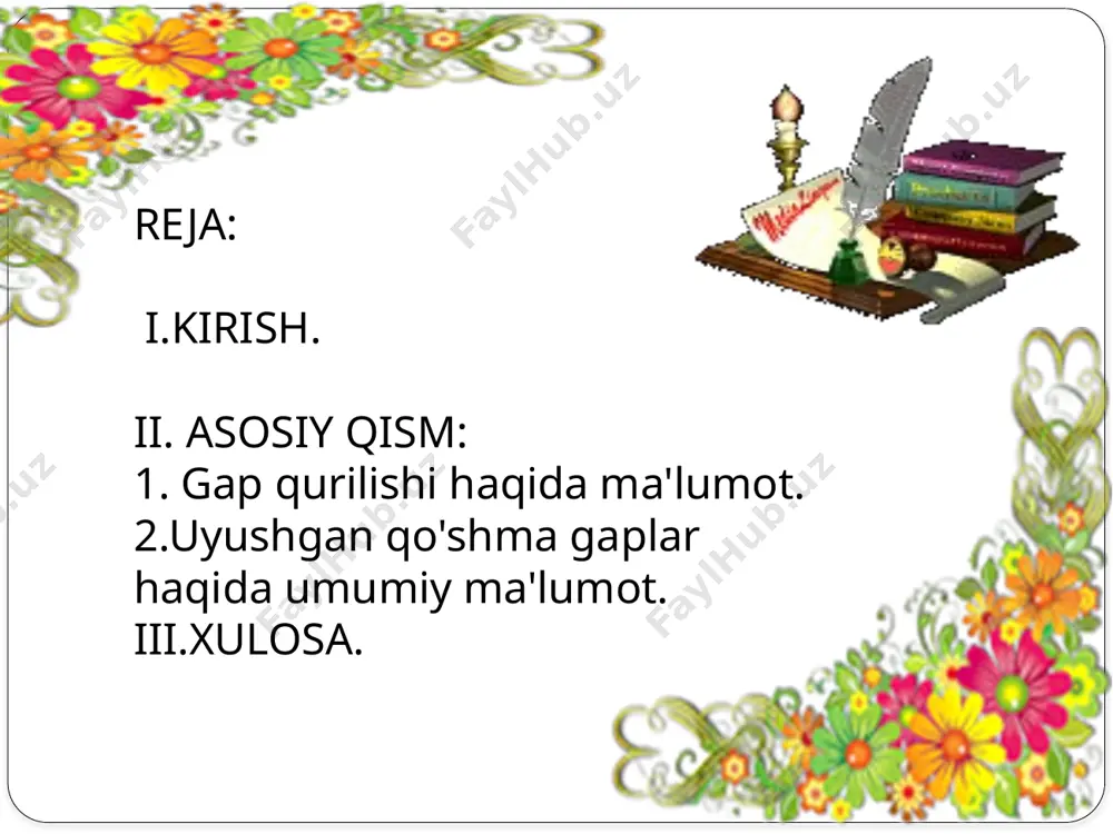 rlik (element), bo’lak, gap deyiladi. "uyushiq" so’zi hozirgi zamon tilshunosligida, asosan, gap bo’laklariga nisbatan qo’llaniladi. uyushiq bo’laklar, xuddi uyushmagan bo’laklarday, ot va olmoshlar, fe’l, fe’lning ravishdosh, sifatdosh, infinitiv formalari, ravish kabi so’z turkumlari bilan ifodalanadi.o’rniga qarab, ot va olmosh bilan ifodalangan bo’laklar bir uyushiqlik zanjirni tashkil etadi. ma’lumki, qo’shma gap ikki va undan ortiq kismli bo’ladi. ikkidan ortiq qism (komponent)li qo’shma gapni murakkab qo’shma gap deymiz. uyushiq qismli qo’shma gaplar ana shu qo’shma gapning bir ko’rinishi hisoblanadi, uyushiq qismli qo’shma gaplar, uyushiq bo’lakli sodda gaplardek, keng miqyosda o’rganilmagan. qo’shma gapning uyushiq qismlari ham, xuddi sodda gapning uyushiq bo’laklaridek, asosan, sanash ohangi bilan aytiladi.bunday qismlar grammatik jihatdan o’zaro teng bo’lib, o’zlari uchun umumiy bo’lgan birlikka (elementga), umumiy qism (komponent)ga ergashadi, umumiy qism (komponent)ning biror bo’lagini izohlaydi. agar izohlanuvchi mavjud bo’lmasa, umumiy qismni butunicha izohlaydi. uyushiq qismlari, xuddi soda gapning uyushiq bo’laklaridek, umumiy qism (komponent)ga ergashadi yoki uni ergashtirib keladi. agar bosh …