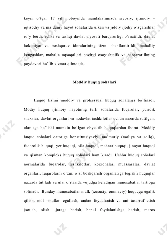 l va jinoyat- protsessual huquq sohalari kiradi. ularda turli fuqorolik da`volar, nizolar, ma`muriy huquq buzarliklar, jinoiy javobgarliklar bo`yicha moddiy huquq normalrida belgilangan chora- tadbirlarni qo`lash qoyidalari va ularni amalga oshirish uchun sud, prokuratura, huquqni muhofaza qiluvchi organlarni huquqlari, vakolatlari, vazifalari, huquq buzarlikning va jinoyatning har bir turi bo`yicha ish yuritish tartibi va boshqa qonunchilikni mustahkamlashga taalluqli madalalar na`zarda tutiladi. masalan, fuqarolik kodeksining 324-moddasi 1- qismida “qarzdor majburiyatini bajarmaganligi yoki lkozim darajada bajarmaganligi tufayli kreditorga yetkazilgan zararni to`lashi shart”, deyiladi. sud fuqarolik protsessual kodeksida belgilangan tartibda kreditorning da’vosini qabul qiladi. kreditordan majburiyatnigng buzilishida qarzdorning aybi borligini isbotlash talab qilanadi, majburiyatning buzilish asoslarini, sabablarini ko`rib chiqadi, yetkazilgan zarar miqdorini aniqlaydi va tegishli qaror qabul qiladi. respublikamizda qisqa vaqt ichida siyosiy, iqtisodiy va madaniy sohalarda erishlgan natijalar hisobga olingan holda 2002 yil 22-yanvar kuni o`zbekston respublikasida referendum o`tkazildi. moddiy va protsessual huquqning uzviy bog`liqligi jinoyat huquqi normalari qanday hatti –harakat yoki harakatsizlik jinoyat …
