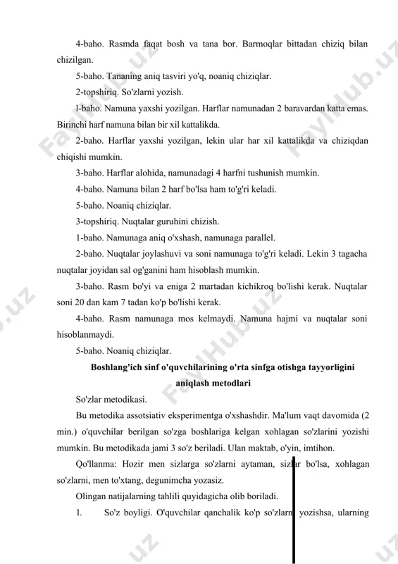 aytaman, sizlar bo'lsa, xohlagan so'zlarni, men to'xtang, degunimcha yozasiz. olingan natijalarning tahlili quyidagicha olib boriladi. 1. so'z boyligi. o'quvchilar qanchalik ko'p so'zlarni yozishsa, ularning so'z boyligi ko'pligidan dalolat beriladi. 2. imloviy xatosizlik. psixolog bunda chiroyli yozish kerakligi haqida eslatmaydi, ishni o'qituvchiga ko'rsatilmasligi va baholanmasligi haqida eslatib o'tadi. natijada psixolog xatolarni sanab, sinf bo'yicha o'rtachasini topishi mumkin. 3. assotsiatsiyalaming mazmuni. har bir berilgan so'zga assotsiatsiyalarning mazmuni, maktab bilan bog'liq kuchli hayajonni uyg'otishi mumkin. hisoblash metodikasi qo'llanma: sizlarga ikki son beriladi. ularni qo'shib, yig'indiga 1 ni qo'shib pastga, ikkinchi sonni esa yuqoriga yozish kerak. bu ishni men to'xtang degunimcha bajaring. ikkinchi usulga qo'llanma: ikki sonni qo'shing, yig'indidan 1 ni ayiring, ayirmani yuqoriga, ikkinchi sonni pastga yozing. hisoblashning ikkinchi usuli - ham o'quvchilarga tushunarli bo'lgandan so'ng boshqa sonlarda ham bir usulda 4 daqiqa davomida topshiriq bajariladi. bu metodika bo'yicha olingan natijalarni tahlil qilish uchun 2 o'ichovni ajratish mumkin: qo'llanmani qabul qilish va mahsuldorlik. …
