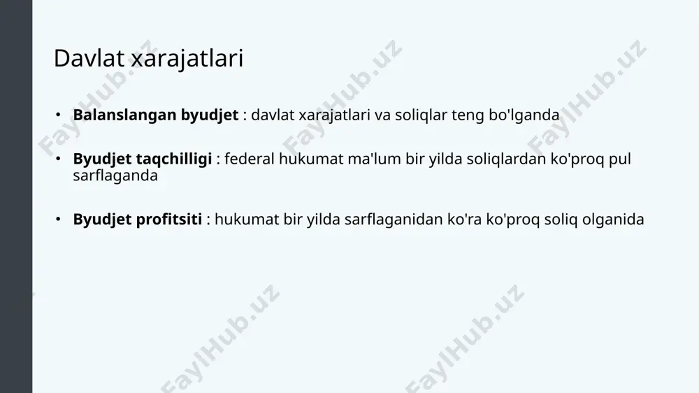 omad darajasidan qat'i nazar, olingan daromadning bir tekis foizi bo'lgan soliq regressiv soliq : yuqori daromadli odamlar o'z daromadlarining kamroq qismini soliqqa to'laydilar savdo solig'i : chakana xaridlarning foizi sifatidagi soliqlar federal soliqlar federal soliq tushumlari so'nggi o'n yilliklarning aksariyat davrlarida yaimning taxminan 17-20% ni tashkil etdi. federal soliqlarning asosiy manbalari shaxsiy daromad solig'i va ijtimoiy sug'urta va medicare-ni moliyalashtiradigan ish haqi soliqlaridir. korporativ daromad solig'i va ijtimoiy sug'urta soliqlari daromadning kichikroq qismini ta'minlaydi. soliq solish. muallif : openstax kolleji. quyidagi manzilda joylashgan : https://cnx.org/contents/vemoh-_p@4.44:9zk3engx@2/taxation . litsenziya : cc by: attribution . litsenziya shartlari : http://cnx.org/content/col11626/latest saytidan bepul yuklab oling (manba: prezidentning iqtisodiy hisoboti, 2015 yil. b-21-jadval, https:// www.whitehouse.gov /administration/ eop / cea /economic-report-of-the-president/2015) 8 progressiv, proportsional va regressiv soliqlar daromad oshgani sayin marjinal soliq stavkasi o'zgarishiga qarab soliqlar progressiv, proportsional yoki regressiv bo'lishi mumkin. agar daromadingiz oshgani sayin yuqori marjinal soliq stavkasini to'lasangiz, soliq progressiv hisoblanadi. agar daromadingiz oshishi …
