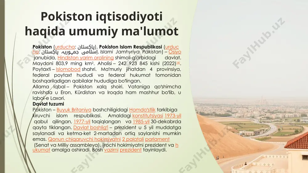 o'lgan kam rivojlangan mamlakat bo'lsa ham. birlamchi eksport tovarlariga toʻqimachilik, charm buyumlar, sport anjomlari, kimyoviy moddalar va gilamlar/gilamlar kiradi. hozirda pokistonda iqtisodiyotni liberallashtirish, jumladan, barcha davlat korporatsiyalarini xususiylashtirish jarayoni amalga oshirilmoqda, bu esa xorijiy sarmoyalarni jalb qilish va byudjet taqchilligini kamaytirishga qaratilgan. biroq, mamlakat tez sur'atlar bilan o'sib borayotgan aholi, yuqori savodsizlik, korruptsiya, siyosiy beqarorlik, dushman qo'shnichilik va og'ir tashqi qarz muammolariga duch kelishda davom etmoqda. o'z qarzi bo'yicha foizlarni to'lash uchun byudjetdan kam bo'lgan pokiston 2022 yildan buyon iqtisodiy inqirozga duch kelmoqda. davom etayotgan rossiya-ukraina urushining salbiy oqibatlari fonida pokiston oziq-ovqat, neft, gaz va oziq-ovqat mahsulotlarining ta'minoti tanqisligi va yuqori inflyatsiyaga duch kelmoqda. elektr energiyasi. inqiroz pokiston rupiyasining keskin qadrsizlanishiga va turli agentliklar tomonidan mamlakatning kredit reytinglarini pasaytirishga olib keldi, bu esa defolt ehtimolini yanada oshirdi. iqtisodiy tarix 1940-50 yillar 1947 yilda pokiston tashkil etilganda pokiston agrar iqtisodiyot edi. qishloq xoʻjaligi yalpi ichki mahsulotning 53% va 1949-50-yillarda 53,2% hissa …