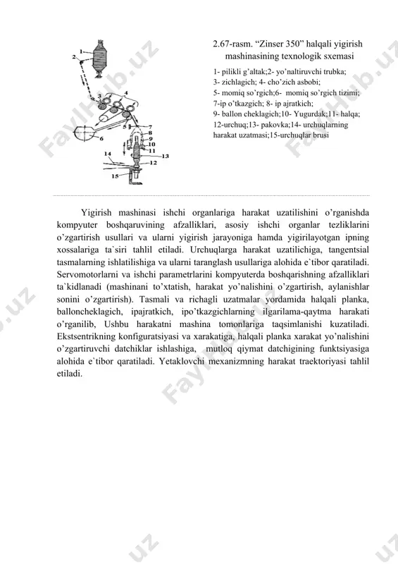 a ularni yigirish jarayoniga hamda yigirilayotgan ipning xossalariga ta`siri tahlil etiladi. urchuqlarga harakat uzatilichiga, tangentsial tasmalarning ishlatilishiga va ularni taranglash usullariga alohida e`tibor qaratiladi. servomotorlarni va ishchi parametrlarini kompyuterda boshqarishning afzalliklari ta`kidlanadi (mashinani to’xtatish, harakat yo’nalishini o’zgartirish, aylanishlar sonini o’zgartirish). tasmali va richagli uzatmalar yordamida halqali planka, balloncheklagich, ipajratkich, ipo’tkazgichlarning ilgarilama-qaytma harakati o’rganilib, ushbu harakatni mashina tomonlariga taqsimlanishi kuzatiladi. ekstsentrikning konfiguratsiyasi va xarakatiga, halqali planka xarakat yo’nalishini o’zgartiruvchi datchiklar ishlashiga, mutloq qiymat datchigining funktsiyasiga alohida e`tibor qaratiladi. yetaklovchi mexanizmning harakat traektoriyasi tahlil etiladi. 2.68-rasm. “zinser 350” halqali yigirish mashinasining harakat uzatmasi euw – ta`minlovchi silindr; muw - oraliq silindr; auw - chiqaruvchi silindr; 1, 5,6,7,8,11,12, 13,14,15,16,17,18,19,21,22,25,26,36 – tishli shesternyalar; 2-almashtiriluvchi pishitish shesternyasi; 3,4,20- almashtiriluvchi cho’ziсh shesternyalar; 28,29,30,33 – yo’naltiruvchi roliklar; 31,34-tangentsial tasmaning shkivlari; 32- urchuq; 35/35a- buram yo’nalishini o’zgartiruvchi almashtiriluvchi shesternya. ta`minlash qurilmasining tuzilishini o’rganishda g’altaklarning joylashishi, ramka balandligining rostlanish imkoniyatlari, kronshteynlarning qo’llanilishi, yo’naltiruvchi trubkalarning g’altakka nisbatan o’rnatilishi (konstruktsiyasi va …