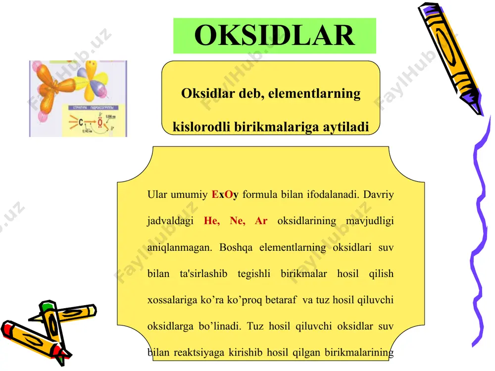 tish mumkin va “angidrid”lar (suvsizlantirilgan kislotalar nomi bilan ham yuritiladi. olinishi. 1.mеtallmaslarni havo kislorodida yondirib olish: 2n2 + 5o2 → 2n2o5 2. kuchsiz kislotalar tuzlariga kuchli kislotalar ta'sir ettirib olish: to na2co3 + 2hcl → 2nacl + h2o + co2↑ to k2so3 + 2hcl → 2kcl + h2o + so2↑ 3. birikmalarni oksidlash (yondirish) usuli bilan olish: 2cus + 3o2 → 2cuo + so2 4. kislotalar tarkibidan suvni ajratish (dеgidratlash) usuli bilan olish: to h2sio3 → h2o + sio2 5. mеtall oksidiga mеtallmaslarning ta’siri natijasida olish: hgo + 2cl2 → hgcl2 + cl2o 6. mеtallar yoki mеtallmaslarga kislotalar ta'siri natijasida olish: сu + 4hno3 → cu(no3)2 + 2no2 + 2h2o kislotali oksidlar gazsimon (со2, so2), suyuq (so3, cl2o5), qattiq (р2о5, cro3, mn2o7) holatlarda bo’ladi. ayrimlari suvda kam eriydi. (sio2), gazsimon oksidlarning bosimi ortishi bilan suvda eruvchanligi ortadi. suvli eritmalari nordon ta’mli bo’ladi. ular cro3 – qizg’ish-sariq, р2о5, n2o5, sio2 – …