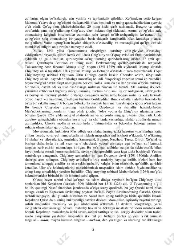 mahmud yalavoch boshchiligida o’lkadagi xalqlardan turli xildagi soliqlarni undirar edilar. «kalon» – deb ataluvchi soliq dehdonlardan olinadigan asosiy soliq edi va u hosilning 1/10 qismini tashkil etgan. chorvadorlardan «qopchur» solig’i olingan. bu soliq turining miqdori har yuz bosh qora moldan birga teng edi. bundan tashqari, «yaso» qonuni bo’yicha aholidan davlat foydasiga «shulen» – deb atalgan soliq undirilgan. «shulen»ning miqdori har bir podadan ikki yashar qo’y va qimiz uchun har ming otdan bir biyani tashkil etgan. bular ham yetmaganday mamlakatdagi savdo yo’llarida joylashgan bekat – «yom» (jom)larning xarajatlari ham aholi gardaniga qo’yilgan. ularning miqdori shu darajada ko’payib ketar ediki, ba’zi hollarda har bir «yom» uchun 20 ot-ulov, so’yish uchun qo’ylar, sog’ish uchun sog’uvchisi bilan biyalar, aravalar va boshqa sarf-xarajatlar ajratilgan. yuqorida sanab o’tilgan oliq- soliqlardan tashqari xalq ommasi yana mahalliy to’ralarning zulm va sitamlaridan ham azob va zahmat chekadilar. ana shu tariqa aholi mo’gullar bosqinidan so’ng ikkiyoqlama zulm iskanjasida qiynaladi. bosqinchi …
