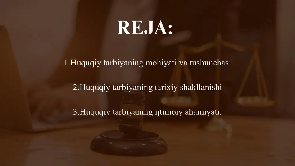 iy tarbiya an’anaviy urf-odatlar, axloqiy me’yorlar va diniy e’tiqodlar orqali amalga oshirilgan. qonunlar yozma shaklda mavjud bo‘lmagan paytda jamiyat a’zolari odat huquqi (urf-odatlar, axloqiy normalar) asosida tarbiyalangan. huquqiy tarbiyaning tarixiy shakllanishi huquqiy tarbiyaning ijtimoiy ahamiyati. huquqiy tarbiya har qanday jamiyat rivojlanishining muhim omillaridan biri bo‘lib, uning asosiy maqsadi fuqarolarning huquqiy ongini shakllantirish va huquqiy madaniyatini yuksaltirishdir. jamiyatda huquqiy tarbiyaning yetarli darajada rivojlanishi fuqarolarning qonunlarga hurmat bilan qarashiga, huquqbuzarliklarning oldini olishga va demokratik jamiyat barpo etishga xizmat qiladi. huquqiy tarbiya har bir jamiyat uchun juda muhim bo‘lib, u fuqarolar huquqiy ongining rivojlanishiga, huquqiy madaniyatning yuksalishiga va qonun ustuvorligini ta’minlashga xizmat qiladi. jamiyatda huquqiy tarbiyaning to‘g‘ri yo‘lga qo‘yilishi natijasida qonunlarga hurmat oshadi, huquqbuzarliklarning oldi olinadi va demokratik jamiyat barpo etish jarayoni tezlashadi. xulosa xulosa sifatida aytish mumkinki, huquqiy tarbiya insonning huquqiy ongi va mas’uliyatini shakllantirish orqali demokratik jamiyat qurishda muhim omil hisoblanadi. shu sababli, huquqiy ta’lim va tarbiya tizimini doimiy takomillashtirish, jamiyatdagi …