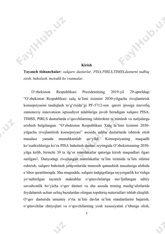 mumiy o‘rta taʼlim muassasalarida o‘qitish va taʼlim olish muhitini hamda o‘qituvchilarning ish sharoitlarini o‘rganish; pisa – 15 yoshli o‘quvchilarning o‘qish, matematika va tabiiy yo‘nalishdagi fanlardan savodxonlik darajasini baholash. egra va egmaesa boshlang‘ich sinflarda o‘qish hamda matematika bo‘yicha ko‘nikmalariga baho beradi. baholash natijalariga ko‘ra yangi o‘quv-dasturlari, o‘qitish uslubi va yondashuvlar o‘zbekiston yoshlarining yaxshi natija ko‘rsatishi uchun moslashtiriladi. bu loyihalar o‘quvchi-yoshlarning ijodiy va tanqidiy fikrlash ko‘nikmalari,egallagan bilimlarini hayotda qo‘llay olish layoqatiga turli xil topshiriqlar orqali bahoberish va keyinchalik bu ko‘nikmalar rivojlanishiga turtki berishga xizmat qiladi. timss – (trends in international mathematics and science study) maktabda matematika va tabiiy fanlarni o‘qitish sifatining xalqaro monitoringi bo‘lib, ta’lim yutuqlarini baholash xalqaro assotsiatsiyasi (iea) tomonidan tashkil etiladi. mazkur dastur 4-sinf o‘quvchilarining matematika va tabiiy fanlar bo‘yicha egallagan bilim darajasi, sifatini solishtirish hamda milliy ta’lim tizimidagi farqlarni aniqlashga yordam beradi. mazkur dasturning o‘ziga xosligi shundaki, u dunyodagi maktablarning matematika va tabiiy fanlar bo‘yicha berilayotgan ta’lim mazmuni,o‘quv jarayoni, …
