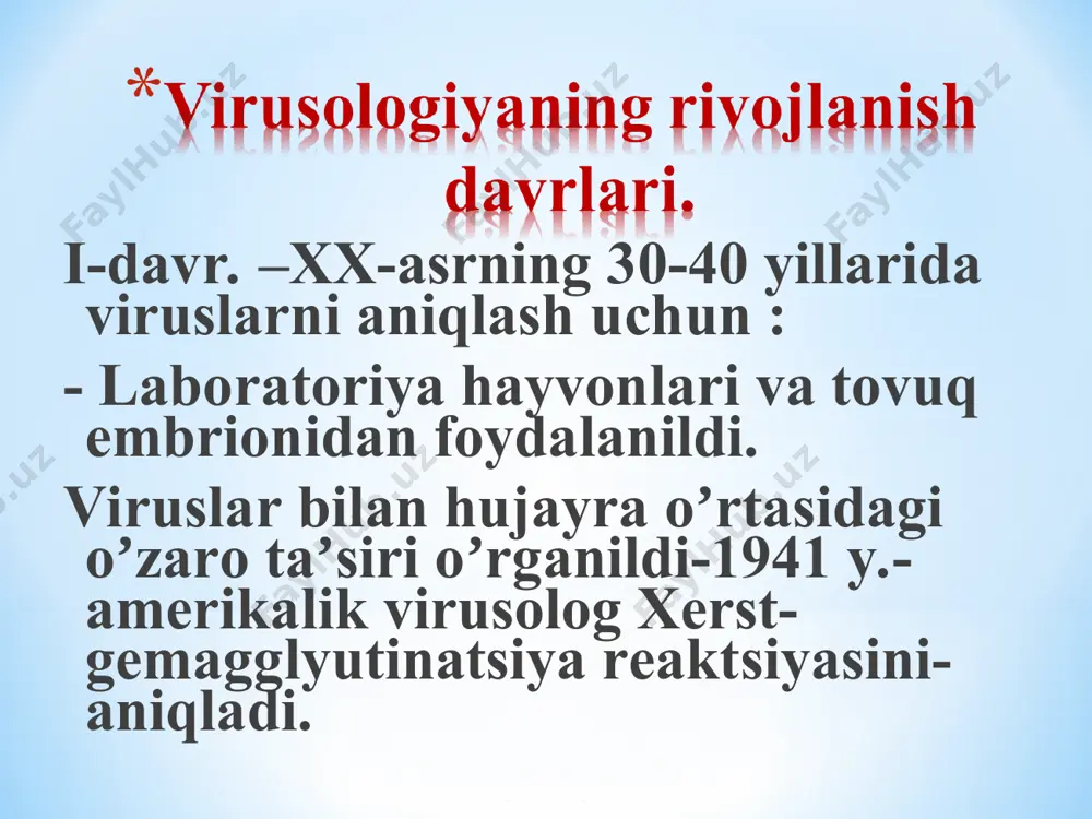 ujayra ichiga kirishi: - viriopeksis yoki endotsitoz - virus va hujayra membranalari qoʼshilishi 3. virusning oqsil qobigʼidan halos boʼlishi (nuklein kislotasi yoki nk+nukleoproteid). 4. transkripsiya- dnk genomidan i-rnk hosil bo’ladi, bunda dnk ga bog’liq rnk polimeraza fermenti yordamida bo’ladi; hosil bo’lgan i-rnk dan oqsil sintezi boshlahadi; 5. trahslyasiya – oqsil sintezlanadi; bunda t-rnk, r-rnk, i-rnk ishtirok etadi 6. replikatsiya- nuklein kislota molekulasining sintezlanishi 7. virus komponentlarining yigʼilishi- yadroda yoki sitoplazmada 8. virusning hujayradan chiqishi- portlash yoki kurtaklanish yoʼli bilan virslarni laboratoriya sharoitlarida aniqlash uchun quyidagi tekshiruvlar o’tkaziladi: - elеktron mikroskopiya usuli; - sitoskopik, immunoflyuoristsеnt usullar; - hujayra kulturalarida viruslarni o’stirish va ajratib olish; - rivojlanayotgan tovuq embirionida viruslarni o’stirish va ajratib olish; - gеmagglyutinatsiya rеaktsiyasi yordamida viruslarni aniqlash; - sеrologik rеaktsiyalar, an'anaviy sеrologik rеaktsiyalar (kbr,pr, nr) bilan bir qatorda zamonoviy (ifa, riu, immunbloting) usullar; - molеkulyar-gеnеtik tеkshirish usullari- molеkulyar gibridizatsiya (mg) va polimеraza zanjirli rеaktsiya (pzr). viruslarni oʼstirish: tovuq embrionida …
