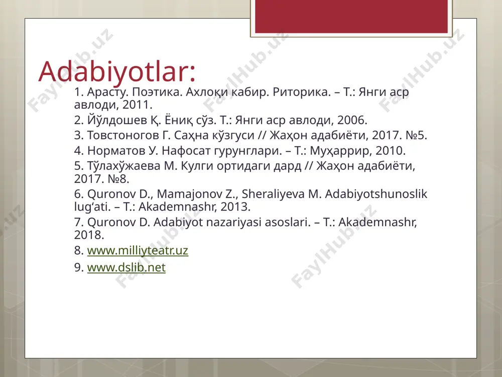 asar gʻoyasi va ramziylik belgilarini tahlil qiling. 5-topshiriq. oʻzbekiston teatrlari (kamida 2 ta) repertuaridagi komediyalar haqida ma’lomot yigʻing va fikr-mulohazalaringizni bildiring. image2.jpeg image3.jpeg image4.jpeg image5.jpeg image6.emf 6-seminar mavzusi uchun mashgʻulot : hozirgi komediyalarda yutuq va kamchiliklar 1-mashgʻulot. ma’ruza matni va koʻrsatilgan, shuningdek, mavzuga aloqador qoʻshimcha adabiyotlardan foydalanib rejalar boʻyicha kospekt qiling: a) komediyaning mohiyati ; b) hozirgi oʻzbek komediyalari adabiy tanqid nigohida; c) оʻzbek teatr sahnalarida qoʻyilayotgan komediyalar. 2-mashgʻulot. a.qahhor, s.ahmad, uyg'un, sh.boshbekov, e.vohidov, e.xushvaqtov asarlari bibliografiyasini tuzing ( komediyalar doirasida). 3-mashgʻulot. adabiyotshunoslikka oid bosma , elektron lugʻatlardan foydalanib, komediya va uning turlari haqida ma’lumot toʻplang. /docprops/thumbnail.jpeg