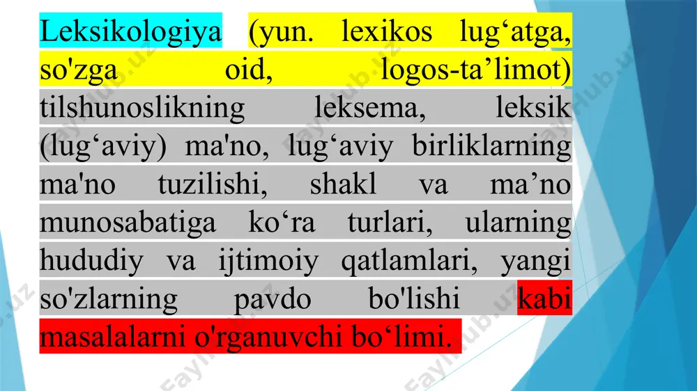 , yasama ma’no leksemaning boshqa ma’nolarini kelib chiqishiga asos bo’lib xizmat qiladigan ma’nosi leksemaning yasama ma'nosi bosh so ‘zining tananing bo‘yindan yuqorigi, oldingi qismi; kalla ma’nosi uning asos ma’nosidir. bosh so‘zining aql-hush, miya (tog'ning ko'rki tosh bilan, odamning ko'rki bosh bilan. maqol); boshliq, rahbar (yaxshi yigit davraning boshi. maqol); lavozim, mansab jihatdan katta (bosh vrach qabulida bo'ldim); ulkan, katta, asosi (shaharning bosh darvozasi shu);, eng muhim, asosiy. yetakchi (o‘qish - bosh vazifa) kabi o‘nlab ma’nolari uning hosila ma’noladir so'zlarning leksik ma’nolarini quyidagi turlarga bo'lish mumkin: atash ma’nosi: arslon, bo‘ri, ayiq,hayvon, tosh, tuproq, suv, olov, ko’l. ko'rsatish ma’nosi: u, bu, shu, o'sha, ana bu, o'shal (bul, shul). 3. ko‘chma ma’no: insonga nisbatan: tulki, chayon, latta, olov, maymun; harakatga nisbatan: yondirmoq, suv sepmoq bir ma’noli so‘zlar (monosemiya) ko‘p ma’noli so‘zlar (polisemiya) o‘z ma’no (denotativ) ko‘chmama’no (konnatativ) so'zning alohida olinganda anglatadigan ma’nosi so'zning nutq tarkibida boshqa so'zlar qurshovida (kontekstda) o'z ma'nosidan tashqari anglatadigan …