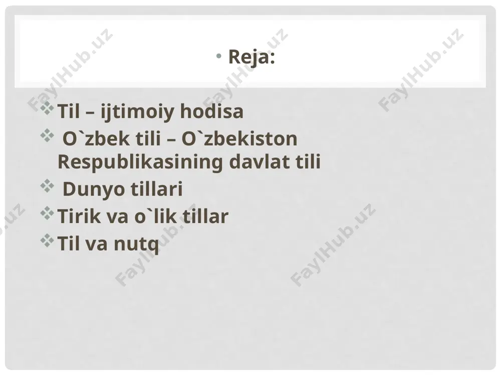 idagi qismlardan iborat: 1. tovushlar tizimi. 2. lug'at boyligi yoki leksika. 3. grammatik qurilishi. ma'lumki, inson tili tovush tilidir. har bir tilning o'z tovushlar tizimi mavjud. tovushlar soʻzlarni, iboralarni, grammatik shakl va ko'rsatkichlarni shakllantiradi. tovushlardan iborat bo’lgan so'z va iboralar yig`indisi tilning lug'at boyligini tashkil qiladi. lug'at boyligidagi so'z va iboralar fikrni ifodalovchi gap uchun qurilish materiali bo’lib xizmat qiladi. gap, uni qurish qonun-qoidalarini tilning grammatik qurilishi belgilaydi. demak, tilning tarkibiy qismlari sanalmish tovushlar tizimi, lug'at boyligi, grammatik qurilishi o`zaro chambarchas bog`langan bo"lib, biri ikkinchisining bo`lishini talab qiladi. har bir konkret til o'zining ana shu mavzulari bilan bir butun tizimni, sistemani, til tizimini tashkil etadi. til to'xtovsiz ravishda oʻzgarib turuvchi, taraqqiy etib boruvchi ijtimoiy hodisadir. til taraqqiyoti jamiyat taraqqiyoti bilan bevosita bog'liq. tilning taraqqiyoti birinchi navbatda uning lug'at boyligida oʻz aksini topadi. kishilar hayotidagi o'zgarishlar, ilm-fan va madaniyatning taraqqiyoti leksikani boyitib boradi. tilning tovushlar tizimi va grammatik qurilishi esa juda …
