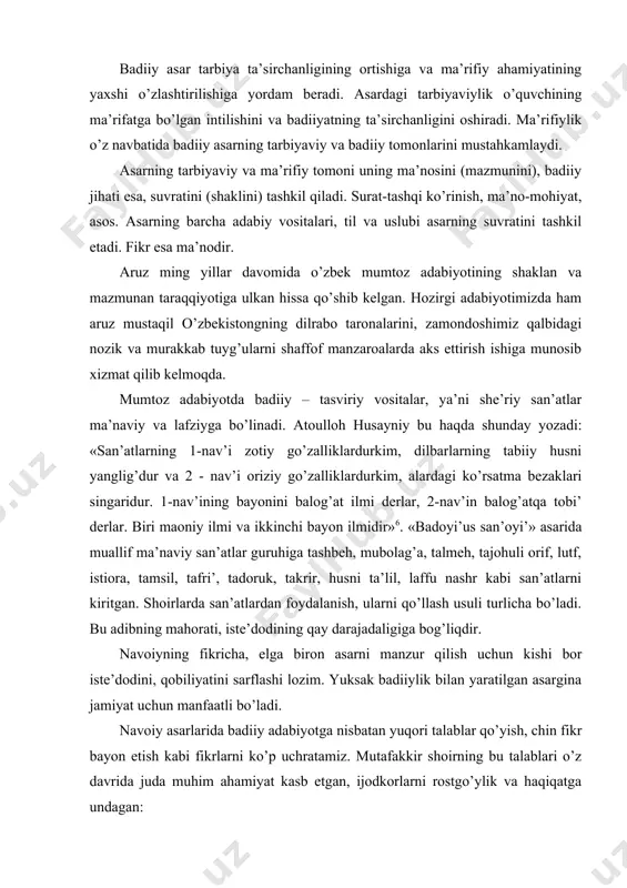 tgan. shoirlarda san’atlardan foydalanish, ularni qo’llash usuli turlicha bo’ladi. bu adibning mahorati, iste’dodining qay darajadaligiga bog’liqdir. navoiyning fikricha, elga biron asarni manzur qilish uchun kishi bor iste’dodini, qobiliyatini sarflashi lozim. yuksak badiiylik bilan yaratilgan asargina jamiyat uchun manfaatli bo’ladi. navoiy asarlarida badiiy adabiyotga nisbatan yuqori talablar qo’yish, chin fikr bayon etish kabi fikrlarni ko’p uchratamiz. mutafakkir shoirning bu talablari o’z davrida juda muhim ahamiyat kasb etgan, ijodkorlarni rostgo’ylik va haqiqatga undagan: so’zda navoiy ne desang, chin degil rost navo nag’mag’a rahmat degil. (hayrat ul-abror) ma’lumki, har bir g’azalning o’z shakliy va ma’naviy arxitektonikasi bor, binobarin, bir-biriga ulanib ketgan baytlar orasida ko’rinmas mantiqiy zanjir mavjud. asarda u yoki bu obraz ichki kechinmalari haqida so’z boradi, yor go’zalligi tavsiflanadi, tasvirlanadi, qiyoslanadi. obrazning ruhiy kechinmalari, o’y-fikrlarini misralarda mahorat bilan aks ettirish shoirdan katta mahorat talab qiladi. she’riyat-hissiyot mahsuli. u sufiylikning sano vaqtidagi holati kabi chin qalbdan quyilib keladi. tasavvufda ikki xil sayohatdan bahs …
