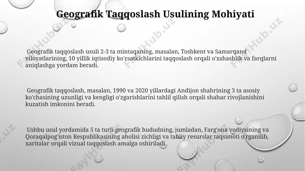ni tasvirlashda qo‘llanila boshlangan. sovet ittifoqi davrida, 1930-yillarda, mamlakatning turli mintaqalari (masalan, sibir va markaziy osiyo) o'rtasidagi geografik farqlarni o'rganish uchun intensiv geografik taqqoslash usullari tadqiqotlarda faol qo‘llanildi. geografik taqqoslashda qo'llaniladigan ma'lumotlar markaziy osiyo mintaqasining 5 ta davlatidagi suv resurslari hajmi va ularning 1990-2020 yillar oralig'idagi o'zgarishlari geoma'lumotlar tizimlari orqali taqqoslanadi. geografik taqqoslashda o'zbekistonning 12 ta viloyati va toshkent shahri bo'yicha 2022 yilgi paxta hosilining miqdoriy ma'lumotlari tahlil qilinadi. qirg'iziston va tojikistonning 3 ta asosiy shaharlaridagi aholining zichligi va iqtisodiy ko'rsatkichlari orasidagi farqni ko'rsatadigan statistik ma'lumotlar qo'llaniladi. geografik taqqoslashning turli sohalardagi qo'llanilishi qoraqalpogʻiston respublikasi va xorazm viloyatlarining suv resurslari taqsimlanishini geografik tahlil qilish orqali suv tanqisligini bartaraf etish uchun 3 ta turli strategiyani (masalan, suv tejaydigan texnologiyalar) qoʻllash mumkin. toshkent shahri atrofidagi 10 ta turli hududda aholining zichligi va infratuzilma rivojlanish darajasini geografik taqqoslash orqali shahar rejalashtirishda 2030-yilga qadar boʻlgan prognozlarni aniqlashtirish mumkin. geografik taqqoslash usuli yordamida oʻzbekistonning 5 ta …