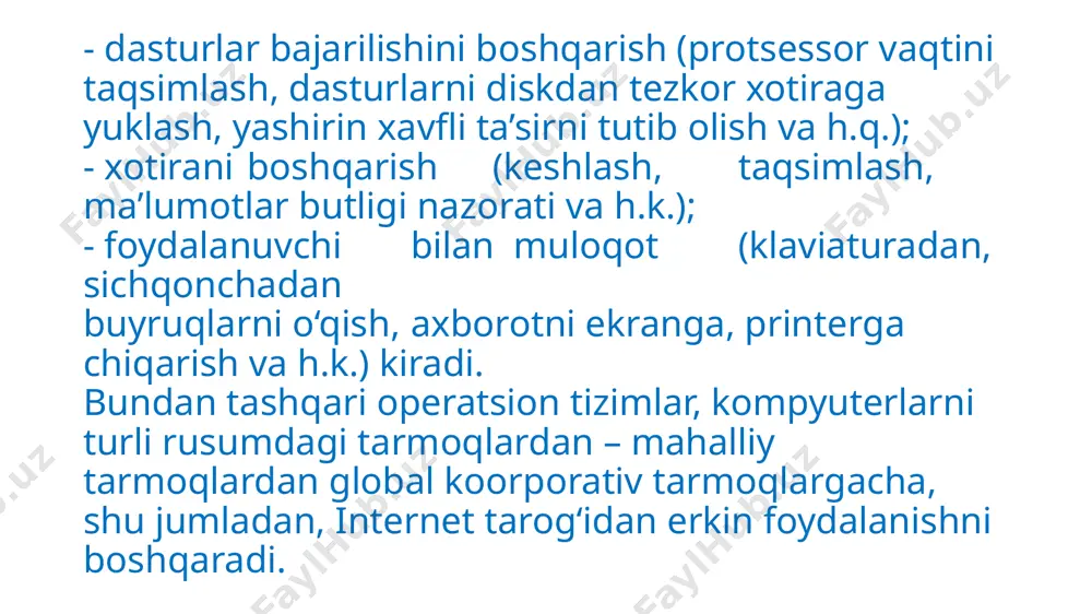 sh imkoniyati dasturning boshlanishida bajarilishi uchun ajratilgan diapazon bilan cheklangan)ni ajratishni qoʻllab-quvvatladilar. operatsion tizimlar evolyutsiyasi birinchi davr (1945-1955-yillar) raqamli kompyuterlarni yaratishda muvaffaqiyatlar ikkinchi jahon urushi tugaganidan keyin sodir boʻldi. 40-yillarning oʻrtalarida birinchi lampali hisoblash qurilmalari yaratildi. shu bilan birga, kompyuterni loyihalash va dasturlash amalga oshirildi. bunga boshqa amaliy sohalardan har xil turdagi amaliy muammolarni hal qilish sohasidagi tadqiqot ishlari kirar edi. oʻsha paytda dasturlash faqat mashina tilida amalga oshirilgan. oʻsha paytda operatsion tizimlar yoʻqligi sababli barcha vazifalar dasturchi tomonidan maxsus boshqaruv panelidan qoʻlda hal qilinardi. operatsion tizimda matematik hamda yordamchi dasturlar kutubxonalaridan boshqa dasturiy taʼminot yoʻq edi. ikkinchi davr (1955-1965-yillar) 1950-yillarning oʻrtalarida hisoblash texnikasining rivojlanishida yangi texnik baza — yarimoʻtkazgich elementlarning paydo boʻlishi bilan bogʻliq yangi davr boshlandi. ikkinchi avlod kompyuterlari yanada ishonchli boʻldi. ular juda muhim vazifalarni ishonib topshirish uchun yetarlicha uzoq vaqt ishlay olar edi. aynan shu davrda dasturchilar va operatorlar, foydalanishga topshiruvchilar hamda kompyuterlarni ishlab chiquvchilarga boʻlingan …