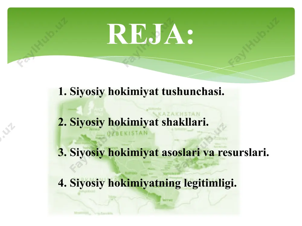 eb atashadi. siyosiy hokimiyat sub'ektlariga davlat va uning institutlari, siyosiy yetakchilar va elitalar, siyosiy partiyalar kiradi. siyosiy hokimiyat, uni boshqa turdagi hokimiyatlardan farqlovchi o'ziga hos belgilarga ega: - ustivorlik, qarorlarning butun jamiyat, shu jumladan hokimiyatning boshqa turlari uchun ham majburiyligi; - umumiylik, ya'ni siyosiy hokimiyat butun jamiyat nomidan faoliyat yurgizadi; - mamlakat hududida kuch va hokimiyatning boshqa vositalarini qo'llashdagi qonuniylik; - yagona markazlik, ya'ni qarorlar qabul qilishda umumdavlat markazi (hokimiyat organlari tizimi) mavjudligi; - hokimiyatni qo'lga kiritish, ushlab qolish va foydalanishda qo'llaniladigan vositalarning keng qamrovligi. siyosiy hokimiyat sub'ektlari siyosiy hokimiyat jamoatchilik fikri xokimiyati (ijtimoiy xokimiyat) demokratik siyosiy tizimda katta rolg’ o’ynaydi. shuning uchun xozirgi zamon rivojlangan davlatlari kuchli ijtimoiy imkoniyatlarga egadirlar. ular bunday imkoniyatlar yordamida axoli keng qatlamlarining ijtimoiy axvolini yaxshilashga sezilarli tahsir ko’rsata oladilar. jamiyat xayotini siyosiy xokimiyatsiz tasavvur etib bo’lmaydi. chunki usiz jamiyatda tartibsizlik, bosh-boshdoqlik, o’zboshimchalik boshlanadi. shuning uchun xam siyosiy xokimiyatning asosiy maqsadi — jamiyat va davlat …
