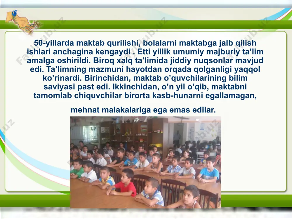irildi. urushdan keyingi tiklash va tinch qurilish davri hayotini tasvirlovchi «oltin vodiydan shabadalar »(oybek ), «qo’shchinor chiroqlari» va «sinchalak» (a.qahhor), «g’oliblar» va «bo’rondan kuchli» (sh.rashidov), «ixlos» (i.rahim) kabi romanlar va povestlar yaratildi. hamza nomidagi teatr jamoasi shekspirning «otello» va «yuliy tsezar», uyg’unning «navbahor», abdulla qahhorning «shohi so’zana», n.hikmatning «sevgi afsonasi», uyg’un va i.sultonning «alisher navoiy» asarlarini sahnalashtirdi . o’zbek davlat filarmoniyasining musiqiy jamoalari samarali faoliyat ko’rsatdi. faqat t.jalilov nomidagi o’zbek davlat orkestri repertuaridan 1300ga yaqin asarlar o’rin oldi. «lazgi», «shodlik», «go’zal» xoreografik ansabllari ham o’zbek va boshqa qardosh xalqlar ashula va raqslarini namoyish etdilar. «bahor» xalq raqs ansambli, yalla vokal cholg’u ansambllari jamoalarining kontsertlari xalqqa manzur bo’ldi. o’zbek teatrining rivojlanishiga rejissyorlardan m. uyg’ur, e.bobojonov, a.ginzburg, t.xo’jaevlar, aktyorlardan abror hidoyatov, o.ho’jaev, a.bakirov, s.eshonto’raeva, sh.burhonov, n.rahimov, r.hamraev, z.muhammadjonov, b.qorieva, ya.abdullaeva, g’.a’zamov, yo.ahmedov va boshqa san’atkorlar salmoqli hissa qo’shdilar. xalqimiz o’zbek san’ati dovrug’ini baland ko’targan o’bekistonda teatr va musiqa san’ati bir muncha o’sdi. …