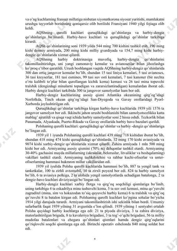 o’shinlar 88 ta diviziyadan iborat bo’lib, bulardan 450 ming kishi jangovor holatga keltirilgan edi. italiyaning harbiy havo kuchlarida urush arafasida 2802 ta harbiy samolyoti bo’lib, shundan 2132 tasi urush frontlarida edi. italiyaning harbiy dengiz kuchlari qudrat jihatidan angliya va fransiyadan keyin dunyoda 3-chi o’rinda turardi. suv osti kemalari bo’yicha (105ta) dunyoda 1-chi o’rinda turardi. urush boshlanganda italiya dengiz flotida 4 linkor, 22 ta kreyser, 128 ta esmines va mina tashuvchi, 105 ta suv osti kemasi bor edi. yaponiyaning quruqlikdagi qo’shinlarida 1939 yil martida 1 mln 240 ming kishi bor edi. jangovor harbiy diviziyalar soni 40 ta edi. har bir diviziyada 13-16 ming kishi bo’lgan. 1000 ta samolyoti bo’lib, 44 ming kishi jalb qilingan. harbiy dengiz flotida 1939 yilning oxirida 10 ta linkor , 6 ta avianoses 396 ta samolyoti bilan, 35ta kreyser, 121 ta minonoses va 56 ta suv osti kemasi bor edi. 2. fashizmga qarshi blokdagi davlatlarning harbiy kuchlar …