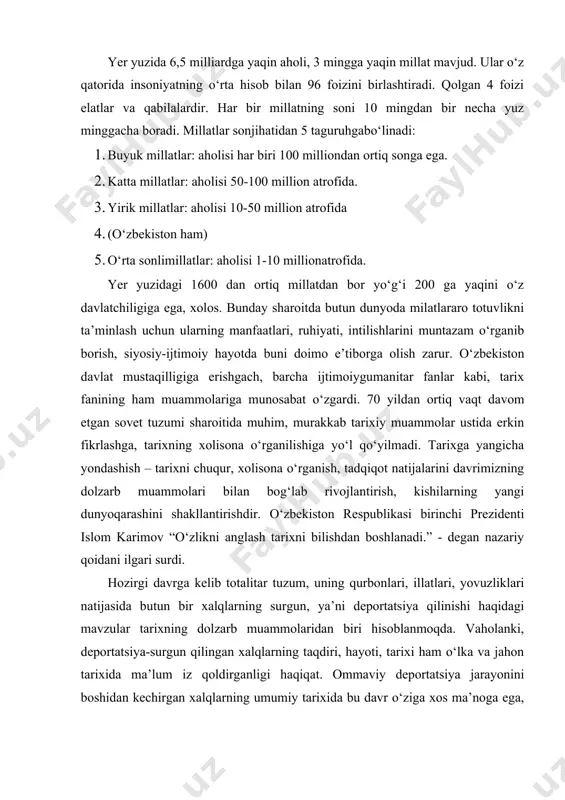 tarixida ma’lum iz qoldirganligi haqiqat. ommaviy deportatsiya jarayonini boshidan kechirgan xalqlarning umumiy tarixida bu davr o‘ziga xos ma’noga ega, uning ma’lum ta’sirlari bugungi kundagi muayyan siyosiy nizolarni ham oziqlantirmoqda. ma’lumki, shimoliy kavkaz bugun dunyoning notinch mintaqalaridan biri bo‘lib, u ko‘p jihatdan xalqaro muammo darajasiga ko‘tarilgan va umumjahon e’tiborida turgan 2 shu bois hozirgi masalalardan biri sifatida tilga olinmoqda. kun nizolarining tub mohiyatini anglash, shimoliy kavkazdagi siyosiy beqarorlikning sabablaridan birini izohlash uchun ham deportatsiya voqeligiga murojaat etish zaruriyati sezilishini ta’kidlash lozim. xx asrning 30-40 yillaridagi ommaviy repressiyalar va “jazolangan” xalqlarni majburiy ko‘chirish siyosati ham stalincha totalitar tuzumning tarkibiy qismi edi. o‘tgan asrning 30-40 yillaridagi majburiy ko‘chirilishga 3011108 ta turli millat vakillari mahkum etilib, ular orasida butun bir xalqlar: ingushlar, chechenlar, nemislar, qalmiqlar, bolqorlar va boshqalar bor edi. ulardan 215 242 kishi ko‘chirilish joylariga mustaqil ravishda, ya’ni maxsus eshelonlarsiz yetib kelganlar. umumiy hisobda ko‘chirilganlar soni 3 266 340 kishini tashkil etgan. xalqlarning …