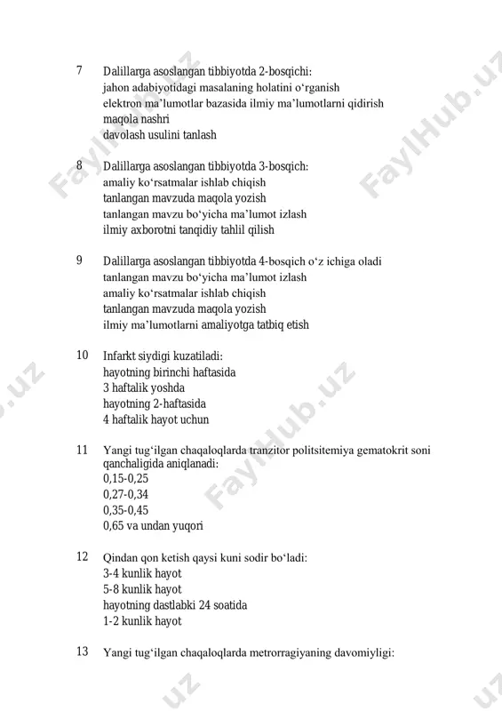 un 11 yangi tugʻilgan chaqaloqlarda tranzitor politsitemiya gematokrit soni qanchaligida aniqlanadi: 0,15-0,25 0,27-0,34 0,35-0,45 0,65 va undan yuqori 12 qindan qon ketish qaysi kuni sodir boʻladi: 3-4 kunlik hayot 5-8 kunlik hayot hayotning dastlabki 24 soatida 1-2 kunlik hayot 13 yangi tugʻilgan chaqaloqlarda metrorragiyaning davomiyligi: 1 kun 2 kungacha 5 kun 6 kun 14 metorragiyada shifokorning taktikasi: davolash shart emas ca glyukonatni yuborish s vitaminini buyurish ditsinonning buyurish 15 yangi tugʻilgan chaqaloqda oddiy teri eritemasining sababi: yalligʻlanish teri kapillyarlarining tirnash xususiyati beruvchi moddalarga reaktsiyasi allergik reaktsiya tana haroratining oshishi 16 tranzitor sariqlikning sababi: xomilalik gemoglobinli eritrotsitlarning parchalanishi toʻqimalarda erkin bilirubinning toʻplanishi bola jigarining funksional yetuk emasligi safro chiqishining buzilishi 17 siydik infarktining belgilarini aytib oʻting: siydikda qon siydikda siydik kislotasining yuqori miqdori siydikda oqsil miqdori koʻp bilirubinning siydik bilan chiqarilishi 18 fiziologik sariqlikning paydo boʻlish vaqti: 1 kun hayotning birinchi soatlari 2-3 kun 5-7 kun 19 muddatida tugʻilgan chaqaloqlarda fiziologik …