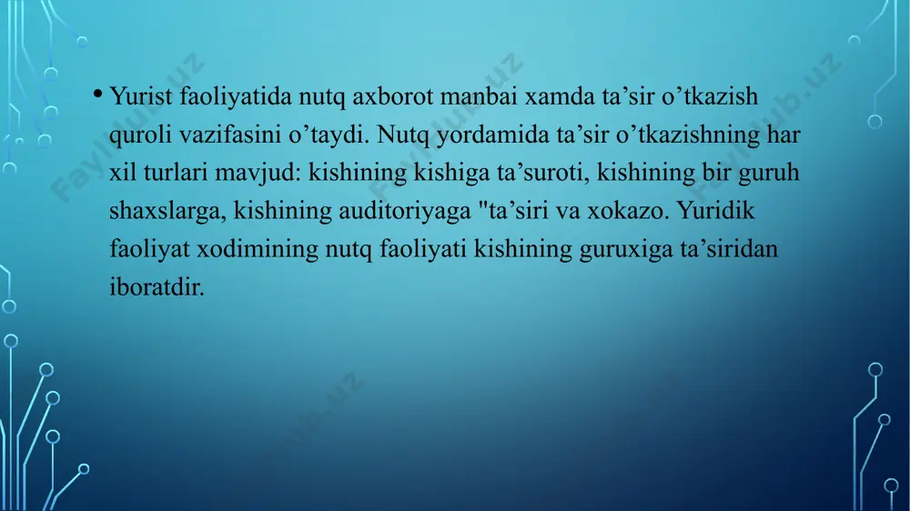 tsiya - lotincha xayajonlanish, qo’zg’atish) - kishining real borliqqa shaxsiy munosabatiga oid kechinmalaridir. xissiyot (emotsiya) termini boshdan kechirilayotgan xis tuyg’ularning konkret, nisbatan elementar formasini anglatadi. yuridik mexnat psixologiyasining predmeti- xuquqni qo’llovchi faoliyatning psixik qonuniyatlarini o`rganish va yuridik kasbining kasb grammalariga oid psixologik asoslarini ishlab chiqish, mahorat va individual turi, kasbiy ko`nikma va malakalarni tarbiyalash, kadrlarni tanlab olish va joylashtirish, xuquqni muhofaza qilish faoliyatini boshqarish, kasbiy yo`nalish, kasbiy saralash, xuquqni muxofaza qiluvchi organlari ishchilari shaxsini tarbiyalash va shakllantirish, kasbiy buzilish va uni oldini olish, ishchi joyni va ishchi vaqtni tashkillashtirish kabi masalalarni o`rganishga qaratilgan. ko`pgina buyuk psixolog olimlar (l.s.vigotskiy, s.l.rubinshteyn, a.n.leontev, b.g.ananev va boshqa) psixologiyaning metodologik asoslarini o`rganish uchun, insonning amaliy mexnat faoliyatini psixologik talqin qilib chiqish kerak deb fikr yuritganlar. amaliy mexnatning yurisprudensiya misolida samaradorligi va sifatini oshirilishini quyidagi aspektlarda qurish zarur: yurisprudensiyaga oid ko`p maqsadli mexnat jarayonining samaradorligini o`rganish, tizimli talqin qilish orqali amalga oshiriladi; (bu, tergovchi prokuror, sudyalar, …