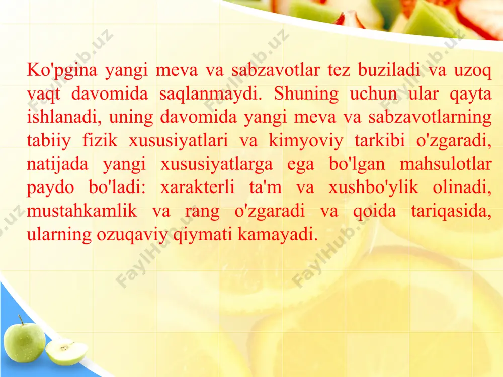 uzlari ishlatiladi: donskoy, dessertny, voljskiy, komsomolskiy va boshqalar. tuzlash uchun eng katta ko'ndalang diametrda 12-25 sm, og'irligi 2-2,5 kg bo'lgan yangi tarvuzlardan foydalanish tavsiya etiladi. yashil, pishgan, muzlatilgan, mexanik shikastlangan, shakli xunuk yoki kasalliklarga chalingan tarvuz mevalari tuzlash uchun ruxsat etilmaydi. qayta ishlash uchun qabul qilingan tarvuzlar sifati bo'yicha saralanadi, kattaligi bo'yicha guruhlarga bo'linadi: kichik - 12 dan 15 sm gacha, o'rta - 16 dan 20 sm gacha, katta - 21 dan 25 sm gacha, yuviladi, tayyorlangan idishlarga (bochkalar, idishlar) joylashtiriladi. qayta ishlash usuliga qarab, sho'r suv bilan to'ldirilgan tuzlangan tarvuzlar va maydalangan tarvuz massasida yoki tarvuz sharbatida tuzlangan tarvuzlar ishlab chiqariladi. qayta ishlash uchun tayyorlangan tarvuzlar bochkalarga mahkam joylashtiriladi va 5% suvli tuz eritmasi yoki tuzlangan tarvuz massasi yoki sharbati bilan to'ldiriladi. sharbat tarvuz massasini bosish orqali olinadi (tarvuz massasi qobig'i yoki qobig'i bo'lmagan tarvuz pulpasi eziladi). mahsulotlar solingan bochkalar fermentatsiya joyida +12...+15 °c haroratda 3-5 kun davomida 0,1-0,2% …