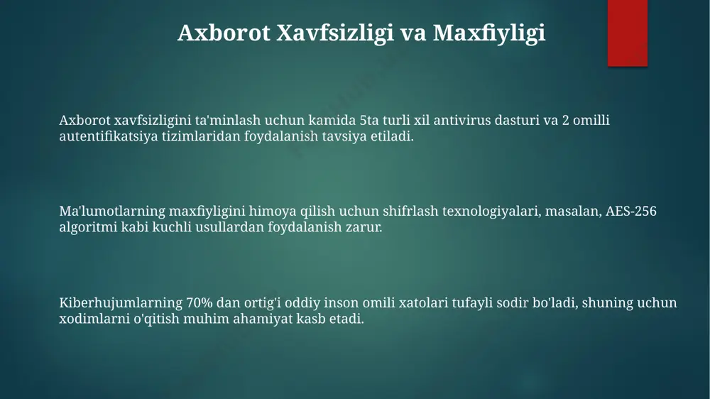 ma'lumotlarning o'g'irlanishi va kiberhujumlar soni yiliga 20% ga o'sib bormoqda, bu esa milliy xavfsizlikka tahdid soladi. soxta yangiliklar va manipulyatsiya vositalarining tarqalishi, ijtimoiy tarmoqlardagi 70% dan ortiq postlarning ishonchliligi tekshirilmaganligi tufayli, jamoatchilik fikriga salbiy ta'sir ko'rsatadi. axborot jamiyatida 50% dan ortiq aholi raqamli savodxonlikka ega emas, bu esa ijtimoiy tengsizlikni va kirish imkoniyatlarining cheklanganligini kuchaytiradi. e'tiboringiz uchun rahmat @taqdimot_robot image1.png image2.png image3.png image4.png image5.png image6.png image7.png image8.png image9.png image10.png