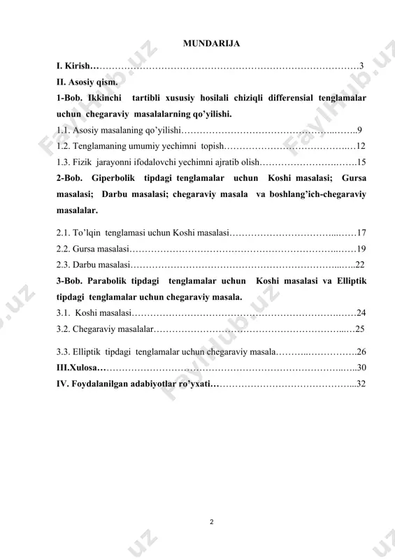 adabiyotlar ro’yxati………………………………………...32 i kirish. “ matematika hamma aniq fanlarga asos. bu fanni yaxshi bilgan bola aqlli, keng tafakkurli bo‘lib o‘sadi, istalgan sohada muvaffaqiyat bilan ishlab ketadi”. sh.m. mirziyoyev. davlat taraqqiy topish uchun avvalambor ilm-fan borasida ko’plab yutuqlarga erishmoq kerakdir. yoshlarni bilimli qilib tarbiyalash yurtimiz oldida to’rgan ulkan vazifalardan biridir. o’zbekiston respublikasi mustaqil huquqiy demakratik davlat, erkin fuqarolik jamiati ko’rish yo’lida ulkan ishlar olib borib, inson mohiyatining yangidan ochishga, uni o’zligini anglashga, imkoniyatlarni ro’yobga chiqarishga va ma’naviy intellektual, aqliy – amaliy rivojlanishga yangi shart- sharoitlar yaratib berishdi. ta’limning fan va ishlab chiqarish bilan intergiyasi mexanizmlarini rivojlantirish, uni amaliyotga joriy etish, o’qishni, mustaqil bilim olishni individuallashtirish hamda masofaviy ta’lim tizimi texnalogiyasini, uning vositalalarini ishlab chiqarish, o’zlashtirish, yangi pedadogik va axborot texnologiyalari asosida o’quvchi va talabalarni o’qitishni jadallashtirish yanada dolzarb vazifalar sirasiga kiradi. ta’limni isloh qilish, yangi mazmundagi va zamon talabiga javob beradigan o’quv adabiyotlar, qo’llanmalarni yaratish va ilg’or pedagogik texnalogiyalarni joriy etishni …