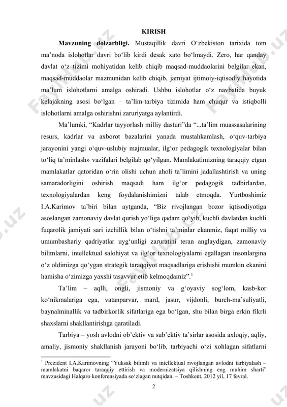 oqda. yurtboshimiz i.a.karimov ta’biri bilan aytganda, “biz rivojlangan bozor iqtisodiyotiga asoslangan zamonaviy davlat qurish yo‘liga qadam qo‘yib, kuchli davlatdan kuchli fuqarolik jamiyati sari izchillik bilan o‘tishni ta’minlar ekanmiz, faqat milliy va umumbashariy qadriyatlar uyg‘unligi zaruratini teran anglaydigan, zamonaviy bilimlarni, intellektual salohiyat va ilg‘or texnologiyalarni egallagan insonlargina o‘z oldimizga qo‘ygan strategik taraqqiyot maqsadlariga erishishi mumkin ekanini hamisha o‘zimizga yaxshi tasavvur etib kelmoqdamiz”. ta’lim – aqlli, ongli, jismoniy va g‘oyaviy sog‘lom, kasb-kor ko‘nikmalariga ega, vatanparvar, mard, jasur, vijdonli, burch-ma’suliyatli, baynalminallik va tadbirkorlik sifatlariga ega bo‘lgan, shu bilan birga erkin fikrli shaxslarni shakllantirishga qaratiladi. tarbiya – yosh avlodni ob’ektiv va sub’ektiv ta’sirlar asosida axloqiy, aqliy, amaliy, jismoniy shakllanish jarayoni bo‘lib, tarbiyachi o‘zi xohlagan sifatlarni tarbiyalanuvchilar ongiga singdirish uchun ularning ruhiyatiga ma’lum maqsadga yo‘naltirilgan tizimli ta’sir ko‘rsatishiga aytiladi. tarbiya mazmuni ta’lim va ma’lumot olish jarayonlariga kiradigan ishlarning mazmuni bilan chambarchas bog‘liq bo‘lib, ularning natijalarini o‘zida aks ettiradi. o`zbekiston respublikasida demokratik va huquqiy jamiyat barpo …