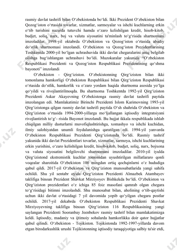 rezidenti islom karimov tashabbusi bilan markaziy osiyo davlatlari rahbarlarining toshkent uchrashuvi tashkil etildi. oliy darajadagi bu uchrashuvda markaziy osiyo hamdo‘stligiga asos solindi. besh davlat - qirg‘iziston, qozog‘iston, o‘zbekiston, tojikiston, turkmaniston rahbarlari hamdo‘stlik haqidagi bitimga imzo chekishdi. buni mintaqa xalqlari zo‘r mamnuniyat bilan qarshi oldilar va qo‘llabquvvatladilar. markaziy osiyo davlatlari rahbarlari 1993-yil qozog‘iston respublikasining qizil o‘rda shahrida, 1994-yil nukus shahrida, 1995-yil turkmaniston davlatining doshhovuz shahrida, 1995-yil yana nukus shahrida orol dengizi muammosiga bag‘ishlangan uchrashuvlar o‘tkazdilar va bu borada amaliy ishlar olib bora boshladilar. 1999-yil turkmanistonning ashxobod shahrida orolni qutqarish xalqaro jamg‘armasining majlisi bo‘lib o‘tdi. majlisda ekologik falokat mintaqasidagi vaziyatni barqarorlashtirish borasida hamkorlikni rivojlantirish masalalari muhokama qilindi. davlat rahbarlari o‘zaro hamkorlik, mintaqaviy xavfsizlik va xalqaro miqyosdagi masalalar yuzasidan ham fikr almashdilar. 2017-yilda o‘zbekiston prezidenti shavkat mirziyoyev tashabbusi bilan o‘zbekistonning qo‘shni davlatlar bilan munosabatida yangi davr boshlandi. shu yilning o‘zida qozog‘iston, turkmaniston va qirg‘iziston davlatlariga o‘zbekiston prezidentining rasmiy tashriflari amalga oshirildi. 2018-yil mart …