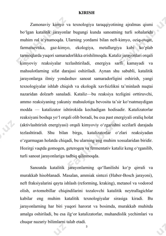 ni, ularning texnologik ahamiyatini, qo‘llanilish sohalarini hamda zamonaviy innovatsion yondashuvlar orqali rivojlanish istiqbollarini chuqur o‘rganishdan iborat. shu bilan birga, katalizatorlarning tuzilishi, tasnifi, ishlash mexanizmi va sanoatdagi konkret misollari asosida katalitik jarayonlarning samaradorligini tahlil qilish, energiya tejamkorligi va ekologik xavfsizlik bilan bog‘liq muammolarni ilmiy asosda ko‘rib chiqish ham ushbu ishning maqsadiga kiradi. kurs ishining vazifalari: kurs ishining vazifasi — sanoat katalitik jarayonlarini chuqur ilmiy-nazariy jihatdan o‘rganish va ularning amaliy qo‘llanilishi bilan tanishishdan iborat. ish davomida kataliz hodisasining mohiyatini tushunish, uning asosiy turlarini (gomogen va geterogen kataliz) farqlash hamda bu jarayonlarning kimyoviy va texnologik asoslarini tahlil qilish ko‘zda tutiladi. shuningdek, sanoatda keng qo‘llanilayotgan katalitik reaksiyalar, ularni amalga oshiruvchi katalizatorlarning tarkibi, tuzilishi va ishlash prinsiplarini o‘rganish ushbu ishning muhim vazifalaridan hisoblanadi. bundan tashqari, zamonaviy katalizatorlar yaratishdagi innovatsion yondashuvlar, nano-materiallar va ekologik xavfsizlikni ta'minlashga qaratilgan "yashil kimyo" tamoyillari asosidagi katalitik texnologiyalarni ham o‘rganish rejalashtirilgan. katalizning texnologik, iqtisodiy va ekologik afzalliklarini tahlil qilish orqali sanoat …