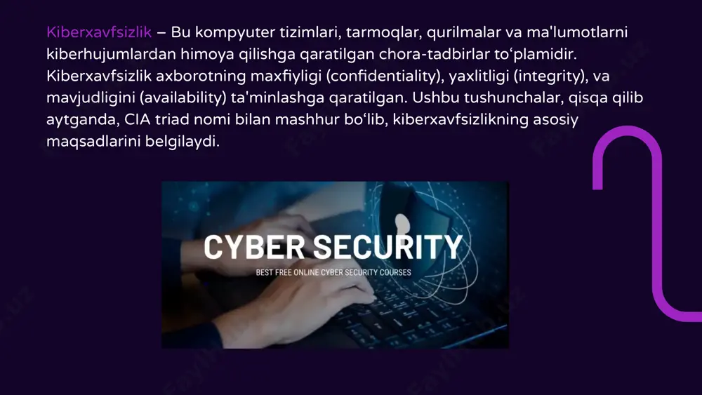 erxavfsizlik bo‘yicha maxsus treninglar va seminarlar o‘tkazish lozim. kiberxavfsizlik choralarini oshirish va yangi texnologiyalarni joriy etish zarur. xavfsizlik devorlarini kuchaytirish va zaif joylarni aniqlash uchun muntazam auditlar o‘tkazish kerak. kiberhujumlar turlari malware (zararli dasturlar): viruslar: bu zararli kod foydalanuvchi qurilmalariga kirib, ularning faoliyatiga zarar yetkazadi. trojan (troyan): bu dastur foydalanuvchini aldab tizimga kiradi va unga zarar yetkazadi yoki ma'lumotlarni o‘g‘irlaydi. spyware (josus dasturlar): bu dasturlar foydalanuvchining faoliyatini kuzatadi va maxfiy ma'lumotlarni o‘g‘irlash uchun ishlatiladi. phishing (firibgarlik xabarlari): elektron pochta phishing: firibgarlar foydalanuvchilarga aldov xabar yuborib, shaxsiy ma'lumotlarini kiritishni talab qiladi. spear phishing: bu turdagi phishing maqsadli hujumlar bo‘lib, konkret shaxs yoki kompaniyaga qaratilgan. whaling: bu katta rahbarlar yoki yuqori lavozimli xodimlarga qaratilgan phishing hujumi. ransomware (shifrlash hujumlari): ushbu hujumlar ma'lumotlarni shifrlab qo‘yadi va ularni qaytarish uchun foydalanuvchilardan pul talab qilinadi. masalan, wannacry va petya ransomware dasturlari dunyo bo‘ylab minglab tizimlarga zarar yetkazgan. ddos (distributed denial of service): bu hujumlar orqali …