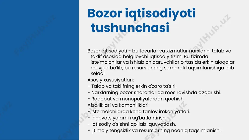 irishga yordam berdi va bozor iqtisodiyotiga o'tish jarayonini tezlashtirdi. bosqichlar o'rtasida bog'liqlik mavjud; har bir bosqich birinchisini kuchaytiradi va keyingisini tayyorlaydi, bu esa iqtisodiy o'sishga olib keladi. 1 2 3 4 raqobat va bozor mexanizmlari raqobat iqtisodiy tizimlarda muhim rol o'ynaydi. u iste'molchilar uchun yaxshiroq narxlar va sifatli mahsulotlar taqdim etish imkonini beradi. bozor mexanizmlari, masalan, taklif va talab, narxlarning belgilanishida asosiy o'rin tutadi. raqobat iqtisodiy o'sish uchun zarur, chunki u innovatsiyalarni rag'batlantiradi va resurslarning samarali taqsimlanishini ta'minlaydi. o'zbekiston iqtisodiyotida davlat va xususiy sektor davlat sektori o'zbekiston iqtisodiyotida muhim rol o'ynaydi. u iqtisodiy barqarorlikni ta'minlash, ijtimoiy xizmatlar ko'rsatish va infratuzilmani rivojlantirish orqali mamlakat rivojlanishiga hissa qo'shadi. davlat sektori orqali davlat budjeti, ta'lim, sog'liqni saqlash va boshqa ijtimoiy sohalarda moliyaviy resurslar taqsimlanadi. xususiy sektor esa iqtisodiy o'sishni, raqobatni va innovatsiyalarni ta'minlaydi. u investitsiyalarni jalb qilish, yangi ish o'rinlari yaratish va ishlab chiqarishni diversifikatsiya qilishda muhim ahamiyatga ega. xususiy sektor, shuningdek, iste'molchilar …