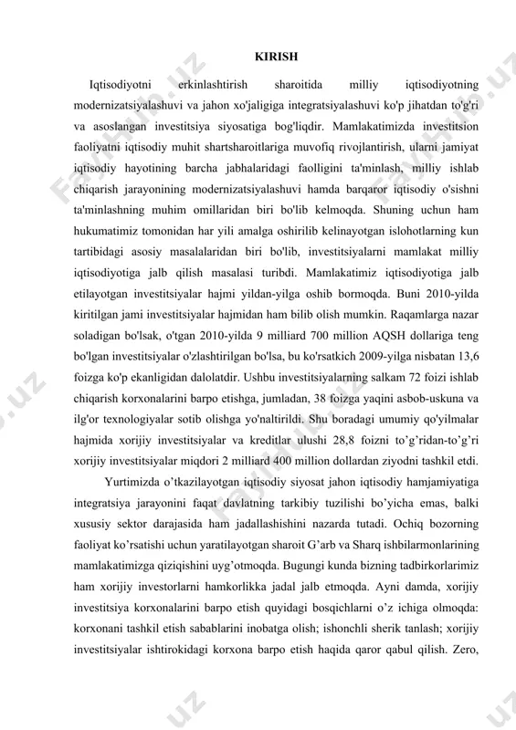 sat jahon iqtisodiy hamjamiyatiga integratsiya jarayonini faqat davlatning tarkibiy tuzilishi bo’yicha emas, balki xususiy sektor darajasida ham jadallashishini nazarda tutadi. ochiq bozorning faoliyat ko’rsatishi uchun yaratilayotgan sharoit g’arb va sharq ishbilarmonlarining mamlakatimizga qiziqishini uyg’otmoqda. bugungi kunda bizning tadbirkorlarimiz ham xorijiy investorlarni hamkorlikka jadal jalb etmoqda. ayni damda, xorijiy investitsiya korxonalarini barpo etish quyidagi bosqichlarni o’z ichiga olmoqda: korxonani tashkil etish sabablarini inobatga olish; ishonchli sherik tanlash; xorijiy investitsiyalar ishtirokidagi korxona barpo etish haqida qaror qabul qilish. zero, prezidentimiz т.а. karimov ta'kidlaganidek, barcha moliyaviy manbalar hisobidan texnik va texnologik qayta jihozlash uchun yo’naltiriladigan investitsiyalar hajmi 3 milliard 800 million dollardan oshgani ydki 2010-yildagi barcha kapital qo'yilmalarning 37,5 foizini tashkil etgani prinsipial muhim ahamiyatga egadir. 1 shuni alohida qayd etish lozimki, o'zbekiston respublikasining hozirgi kunda iqtisodiy, tabiiy va mehnat resurslariga boy salohiyati e'tiborga olinsa investitsiya siyosati ko'magida erishilgan yutuqlarga nisbatan, hali amalga oshirilishi zarur bo'lgan moliyaviy chora tadbirlar ko'p ekanligiga ishonch hosil …