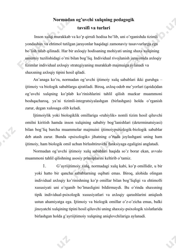 ar o’z-o’zicha emas, balki jinoyatchi xulqining tipini hosil qiluvchi uning shaxsiy-psixologik xislatlarida birlashgan holda g’ayriijtimoiy xulqning aniqlovchilariga aylanadi. 2. g’ayriijtimoiy xulq ijtimoiy ijobiy xulqdan yo’nalishining mazmuni bo’yicha ham, psixoregulyatsion xususiyatlari bo’yicha ham ajralib turadi. shaxs xulqi uning ehtiyojlari, anglangan va anglanmagan mayllari tizimi, oldiga maqsad qo’yish va unga erishish xususiyatlari bilan ajralib turadi. agar uni sxema tarzida tasvirlaydigan bo’lsak, quyidagicha ko’rinish hosil qiladi. ehtiyoj anglangan va anglanmagan mayllar maqsad qo‘yish va unga erishish shaxs aksariyat jinoyatchilarning xulqiga ijtimoiy qadriyatlarga moslasha olmaslik (dezadaptatsiya) va o’zini o’zi boshqarishdagi nuqsonlar xosdir. individning o’zini o’zi boshqarish imkoniyatlari past darajada bo’lganida, g’ayriijtimoiy mayllari, odatlari nafaqat nazorat qilinmaydi, balki ularning o’zlari xulqning maqsad hosil qiluvchi mexanizmlariga aylanadi. 3. g’ayriijtimoiy xulq individning o’z ijtimoiy mas’uliyatini himoya qilish (o’zini oqlash) motivi, umum qabul qilingan ijtimoiy qadriyatlarning qadrsizlanishi asosida amalga oshiriladi. inson xulqi uning ehtiyojlari va yo’nalganlik sohasi, qabul qilgan qadriyatlar tizimi, umuminsoniy madaniyatdan bahramandlik darajaga bog’liqdir. inson hayvondan …