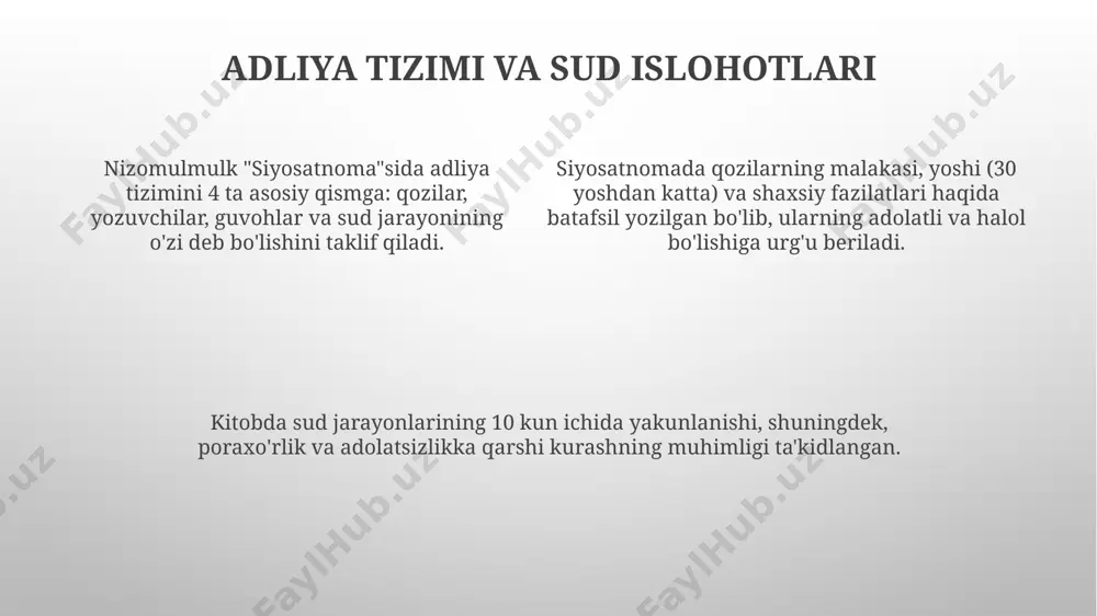 haqida batafsil bayon qilingan. armiya va harbiy islohotlar u “siyosatnoma”da harbiy islohotlarni amalga oshirishda malakali qo’mondonlar va yaxshi qurollangan askarlarning ahamiyatini ta’kidlagan va bu borada aniq tavsiyalar bergan. kitobda harbiy kuchlarning turli bo’linmalarga, masalan, piyoda askarlar, otliq askarlar va artilleriyaga bo’linishi va ularning o’zaro hamkorligi muhimligi haqida ma’lumotlar mavjud. nizam al-mulk “siyosatnoma”da armiyaning 40 000 kishilik sonini, shuningdek, ularning ta’minoti va harbiy tayyorgarligi masalalariga alohida e’tibor qaratgan. siyosatnomaning yozilish tarixi va maqsadi asarning asosiy maqsadi seljuqiylar imperiyasining mustahkamligi va farovonligini taʼminlash uchun amaliy siyosiy maslahatlar va tavsiyalar berish, 11-asr davlat tuzumini tahlil qilishdan iborat edi. siyosatnama taxminan 1070-1080 yillar oraligʻida, seljuqiylar imperiyasi davrida, nizom ul-mulkning oʻzi tomonidan yozilgan boʻlib, davlat boshqaruvi va ijtimoiy barqarorlikni taʼminlashga qaratilgan. kitob 50 ga yaqin bobdan iborat boʻlib, uning tarkibida adolat, soliq siyosati, armiya tashkiloti va boshqa muhim davlat muammolariga oid batafsil tavsiflar berilgan. siyosatnomaning zamonaviy dolzarbligi kitobda bayon etilgan 10 dan ortiq ijtimoiy-iqtisodiy masalalar, …