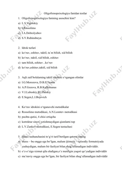oligofrenopsixologiya fanidan testlar — DOC