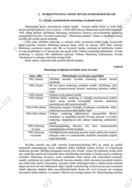 aniklashga imkon beradi. muxtojlik – kishini biron bir narsani etishmasligini xis etishidir. extiyoj – indevid shaxsning madaniy darajasiga asosan maxsus shaklga muxtojlikdir. talab – bu xarid quvvatiga ega bo‘lgan extiyoj. talab – mavjud, potensial hamda xoxish talabga bo‘linadi. tovar – bu eextiyojni yoki muxtojlikni qondira oladigan hamda bozorga e’tiborni tortish, sotib olish, ishlatish yoki iste’mol qilish maqsadida taklif etilgan barcha narsalardir. marketingni moxiyati tovarni ishlab chikarish va xizmat kursatish albatta iste’molchiga, talab, ishlab chikarish imkoniyatlarini muljallashdan iborat. xozirgi davrda jaxon adabiyotida marketingga berilgan ikki mingdan ortik ta’rif bor. mutaxassislar urtasida marketingning takror ishlab chikarish jarayonida ishtiroki masalasida yagona fikr yuk. xozir kupgina chet ellik marketologlar zamonaviy marketing tushunchasi ishbilarmonlikka kiradigan faoliyatni uz ichiga olmogi kerak deb xisoblaydilar. boshkalari esa bunday izoxlarni tankid kilib, ayriboshlashning xamma turlari ham marketing tusiga ega emasligini va marketing prinsiplarini xamma vaziyatlarga xam tatbik kilib bulmasligini ta’kidlaydilar. marketingga ta’rif berishda bunday xilma-xillikning sababi bor. birinchidan, marketing …
