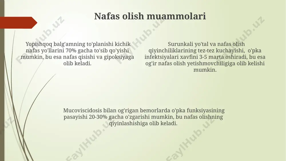 oliyaviy yukini kamaytirish uchun, oilalarga moliyaviy yordam ko'rsatadigan 2-3 ta xayriya tashkilotlari va davlat dasturlari mavjud. oilaviy qo'llab-quvvatlash guruhlari, kasallik haqida ma'lumot almashish, tajriba orttirish va 5-10 ta oila birgalikda muammolarni hal qilishda bir-birlariga yordam berish imkonini beradi. savol-javoblar mukovissidoz bilan kasallangan bemorlarda o'pka funksiyasi tekshiruvi (spirometriya) natijalariga ko'ra, feo1 ko'rsatkichi odatda 40% dan past bo'ladi, bu nafas yetishmovchiligini bildiradi. mukovissidoz davolashda ishlatiladigan dorilar, masalan, kalydeko va orkambi, cftr proteinining funksiyasini yaxshilashga qaratilgan bo'lib, ularning narxi yiliga 300 000 aqsh dollaridan oshadi. mukovissidoz bilan kasallangan bolalarning 85% dan ko'prog'ida pankreatit rivojlanadi, bu esa oshqozon osti bezi fermentlarining yetishmovchiligiga olib keladi va ozuqa moddalarining yutilishini buzadi. irsiyat cftr geni mutatsiyalarining 2000 dan ortiq turi aniqlangan boʻlib, ular kasallikning ogʻirlik darajasiga taʼsir qiladi. mukovisidoz bilan kasallanish ehtimoli etnik kelib chiqishiga bogʻliq boʻlib, masalan, shimoliy yevropaliklarda kasallanish chastotasi 1:2500 ga teng. mukovisidoz autosom-recessive irsiyat usuli bilan meros boʻlib oʻtadi, yaʼni ikkala ota-onadan ham …
