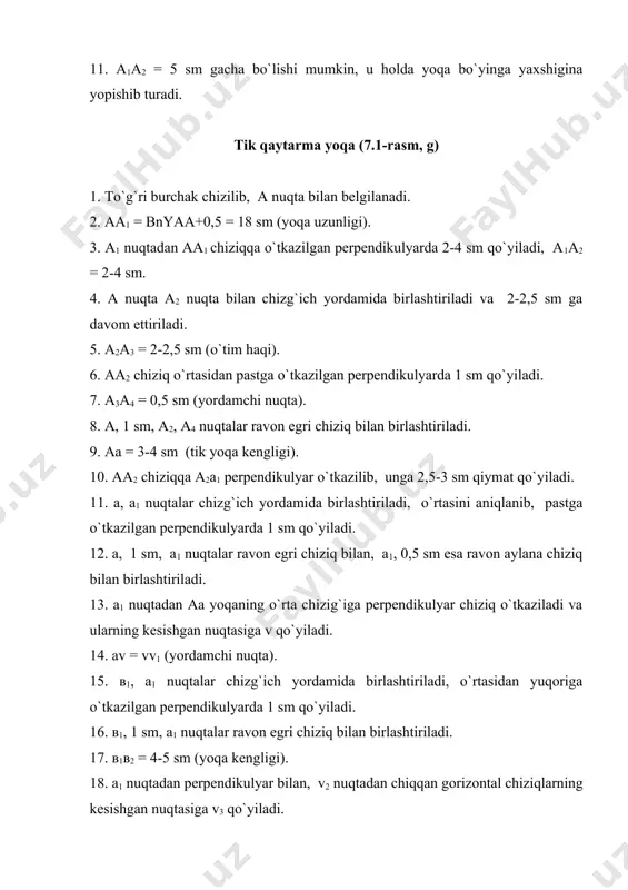 sm) qo`yiladi. 9. 1,5 sm bilan bn6 nuqta bir oz egri chiziq bilan tutashtiriladi. 10. bn61bn62 = 8 sm (yoqa kengligi). 11. bn62 nuqtadan bn61bn8 chiziqqa perpendikulyar o`tkazilib, yuqoriga davom ettiriladi va unda 2 sm qo`yiladi. 12. bn61 va 2 sm nuqtalar tutashtiriladi va yuqoriga davom ettiriladi. 13. bn61bn63 = 6-12 sm (yoqa kengligi). 14. yoqaning uchi 36-rasmdagidek chiziladi. o`z-o`zini nazorat qilish 1. agar ko`tarma balandligi (bст)3 sm ga teng bo`lsa, yoqaning minimal qaytarma kengligi (шотл) nimaga teng? a. 3 b. 4 c. 5 d. 4,5 2. ko`tarma balandligi (bст) va qaytarma kengligi (шотл) o`rtasida qanday bog`liqlik bor? a. вст шотл d. вст ≤шотл 3. old bo`lak va ort bo`lak yoqa o`mizida yoqa konstruksiyasini qurishda qanday holatda yoqa ko`tatmasining balandligi (bст) maksimal ko`tarish mumkin? a. old va ort bo`lak yelka chhiziqlarini bir-biriga mos joylashtirganda; b. old va ort bo`lak yelka chiziqlarini bir-biriga kirishishini ko`paytirganda; c. old va ort bo`lak yoqa …