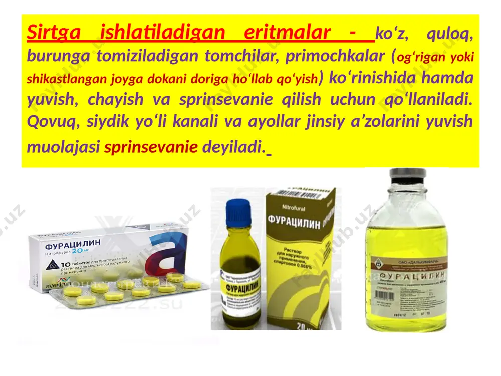 orae oleozae 10% - 10 ml. d.s. 2 томчидан хар бир кўзга. мисол. сульфацил натрининг т.д. = 0,075 бўлган кўз томчисига рецепт ёзинг. 2 томчидан хар бир кўзга. тайёр спиртли ёки мойли томчиларга рецептлар официналь усулда ёзилади. rp.: sol. retinoli acetatis oleosae 6,88% — 10ml d.s. по 5 капель 3 раза в день. # rp.: sol. camphorae oleosae 10% — 50ml d.s. для растирания суставов. # rp.: sol. viridi nitentis spirituosae 1% — 5 ml d.s. на раневую поверхность. tindirma – bosh kelishik birlik sonda – tinctura, qaratqich kelishik birlik sonda – tincturae, qisqartirilgani (tinc.) tindirmalar o‘simlik xom ashyosidan ko‘pincha spirt yordamida olinadigan, tiniq va bo‘yalgan ajratmalardir. nomi ham shundan kelib chiqqan (tinctio – bo‘yalgan degani). ular farmatsevtik zavodlarda ma’lum texnologiya qoidalariga muvofiq holda tayyorlanadi. hamma tindirmalar ofitsinaldir. tindirmalarni yozishda retsept dori shaklining nomidan – tincturae deb boshlanadi, keyin o‘simlikning nomi va tindirma miqdori ko‘rsatiladi. tindirmalar tomchilar bilan dozalanadi va …