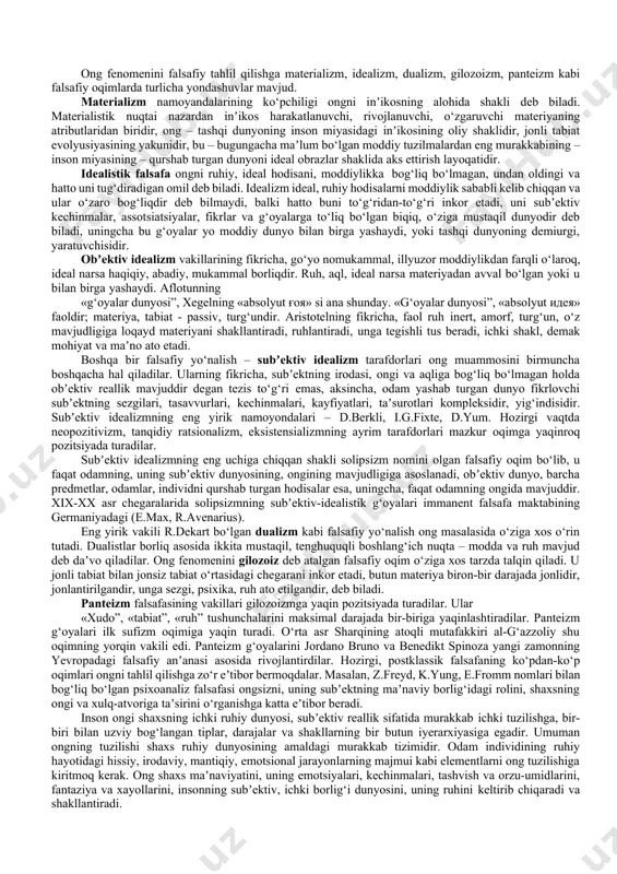 y asab faoliyati fiziologiyasini o‘rganish obʼektidir. bunda ong bilishga oid (gnoseologik), qiymatga oid (aksiologik), iroda va aloqaga oid (sotsial) parametrlari birligida namoyon bo‘ladi. ong borliqning sotsial, ijtimoiy shaklining natijasi va tarixiy mahsulidir. ongni tushunish kaliti – inson, insoniyat sotsiumi tarixidadir. zero ong borliqning ijtimoiy shaklining faol, ijodiy xarakterini keltirib chiqaradi, insoniyat tarixiga o‘z-o‘zidan harakatga kelish xossalarini baxsh etadi. alohida individning ongini ijtimoiy ongning rivojlanishisiz tasavvur qilib bo‘lmaydi va inson ongi undan ajralmasdir. fan va falsafada ong muammosi – bu psixologik, fiziologik va sotsial holatlarning o‘zaro nisbati, munosabati masalasidir: agar inson aqli materiya evolyusiyasining natijasi bo‘lsa, fikr fikrlovchi materiyaning, inson bosh miyasining, miya katta yarim sharining oliy xossasidir. inson ongi til bilan uzviy bog‘liqdir. til fikrning moddiy ko‘rinishidir, shaklidir. odam fikrning mazmunini turli lisoniy tizimlar: og‘zaki nutqlar va yozma matnlar, hozirgi zamon informatikasining sunʼiy tillari yoki turli simvollar, kodlar, shifrlar, formulalar va hokazolar orqali bilib oladi. mantiqiy-strkuturaviy sxema: fadsafada ong muammosi …