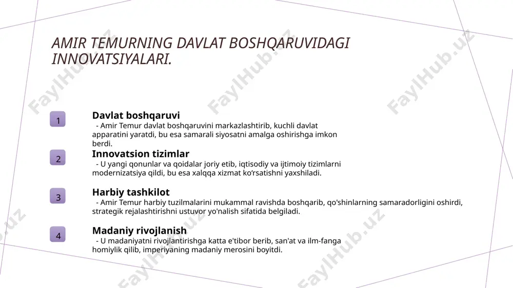 azlashtirilgan boshqaruv va qonuniy tizim, keyingi avlodlar uchun muhim namuna bo'lib xizmat qildi. 3 harbiy strategiyaning ahamiyati amir temurning harbiy strategiyalari, jangovar taktikalar va qo'shin boshqaruvi yondashuvlari, uning muvaffaqiyatini ta'minlab, tarixda o'z o'rnini mustahkamladi. e'tiboringiz uchun rahmat! /docprops/thumbnail.jpeg