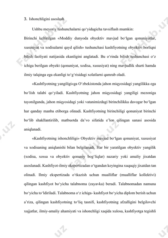 alarining texnik yechimlarga ijodiy tadbiqi, ilmiy texnika taraqqiyoti sur’atlarini belgilovchi asosiy ko‘rsatgich, yangi texnika va texnologiyalar yaratilishining me’zoni hamda uning yuqori ilmiy texnik darajasini ta’minlovchi omil deb xisoblaydi. m.a.vachevskiy «ixtiro qilish»ni «qo‘yilgan masalani yechish uchun eskilaridan tubdan farq qiluvchi, odatdagi mantiqiy fikrlash yo‘li bilan yetishib bo‘lmaydigan yangi samarali texnik yechimni taklimf qilish» deb ta’riflaydi. bizning fikrimizcha-ixtirochilikni tegishli idoralar tomonidan patentlar bilan tasdiqlnadigan yangi texnik yechimni ishlab chiqishga yo‘naltiligan ijodiy faoliyat turi, ixtirochilik ijodkorligini esa bu jarayonning shaxsdagi zexinlilik, topqirlik, mustaqil va tanqidiy fikrlash kabi ijodkorlik sifatlari bilan bog‘liq umumiy tavsifi deyish mumkin. kashfiyot va ixtirolarning ilmiy-texnik taraqqiyotga ta’siri. ixtironi tan olish uchun u oldingilaridan texnik yechimlari, ijobiy effektlari tuzilishini yangiligi bilan farqlanishi kerak. ixtironing obyektiv bo‘lishi mumkin: yangi qurilma, yangi uslub, yangi maxsulot, yangi maqsadlarda eski uslub qurilmalrini qo‘llash va boshqalar. ixtiro-butun jahon ahamiyatiga ega bo‘lib, talabnoma bergunga qadar uning mohiyati oldin respublikamizda va yer yuzida ham ochilmagan bo‘lishi shart. …