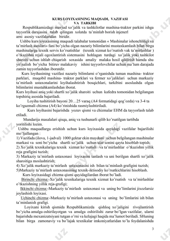 amda loyixani bajarishdan maqsad yoritiladi. 1. shartli xo’jalik mashinalariga texnik xizmat ko’rsatish va ta’mirlashlar o’tkazishning yillik reja -grafigini tuzish. reja-grafik ekzel jadval shaklida tuziladi. xo’jaliklarda bu ish navbatdagi qishloq xo’jalik yili boshlanishi oldidan tuzilib, ma’lum tartibda tasdiqlanadi. uning namunaviy ko’rinishi ilovaning 2-jadvalida ko’rsatilgan. namunada ko’rsatilgan jadvalni birinchi ustuniga talaba o’z vazifasida ko’rsatilgan texnikalar markasini ko’chirib yozadi. qolgan ustunlar qiymatini topish va to’ldirish ishlari quyida tushuntirilgandek tartibda bajariladi. 1.1. berilgan markadagi mashinalar sonini ekin maydoniga moslashtirish. vazifada berilgan mashinalarning har bir markasi bo’yicha soni quyidagi tenglama yordamida aniqlanadi. bu yerda : f- shartli xo’jalik ekin maydoni ( variant bo’yicha olinadi ); ni-1000 ga yer maydoniga to’g’ri kelgan i markadagi texnikalar soni xisoblab topilgan mashinalar soni ilovadagi 2- jadvalning 2- ustuniga yoziladi. 1.2 .xo’jalik texnikalariga o’tkaziladigan texnik xizmat ko’rsatishlar va ta’mirlshlar sonini xisoblash. xo’jalik mtp ning yil davomida ishga yaroqlilik holatini ta’minlab turish uchun o’tkaziladigan texnik xizmat va ta’mirlashlar sonini aniqlashning bir …