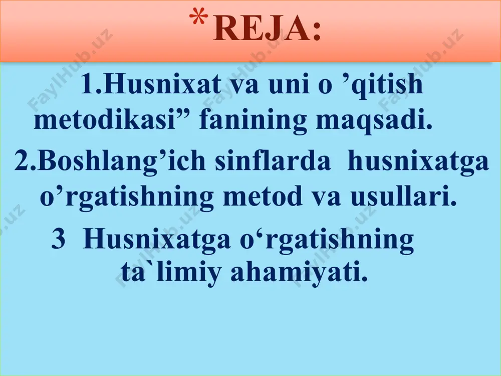 ich sinflar uchun husnixat materiallarini tanlay olish tamoyillari bilan tanishtirish. husnixat va uni o'qitish metodikasi boshqa fanlar bilan uzviy aloqada bo’lib ularning natijalariga tayanadi. amaliy fan hisoblangan husnixat va uni o’qitish metodikasi til o’rganish jarayoni hamdir. yozish uchun tanlangan til faktlari ayni vaqtda adabiy tilni o’zlashtirib borishga yordam beradi. yozuv haqida ma'lumot. yozuv - biror tilda qabul qilingan maxsus belgilar yig’indisi. yozuv tushunchasi tilning tovush elementlari (so’z, bo’g’in, tovush)ni ifodalovchi belgilarnigina emas, balki piktografiya, ideografiya shakllarini ham o’z ichiga oladi. bular aloqa qilish belgilari yig’indisi sifatida yozuvdan ilgarigi belgilar (xotira yozuvi, hisoblash yozuvi va boshqalar)ga qarama-qarshi qo’yilgan. image1.png /docprops/thumbnail.jpeg