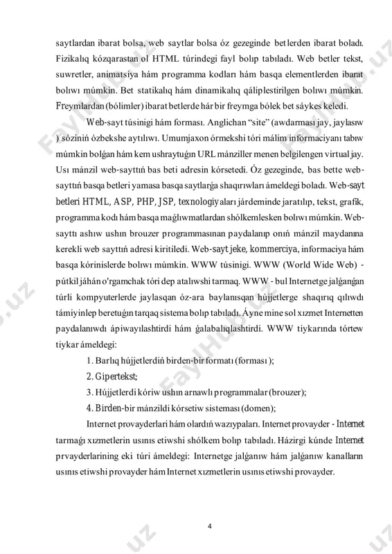 ovayder tárepinen berilgen mánzillerge iye bolmaǵan kompyuterler jergilikli tarmaqlar ushın rezervlangan aradaǵı mánzillerge ıyelewi hám jergilikli tarmaq kompyuterler menen islewi múmkin: 192. 168. 0. 1 192. 168. 255. 255 172. 16. 0. 1 172. 16. 255. 255 10. 0. 0. 1 10. 255. 255. 255 házirgi kúnde ózbekstan respublikası bir qansha internet provayderlari xızmet kórsetip atır, bular : uznet, sarkor telecom, shıǵıs telecom, tps, ars inform, cron telecom hám basqalar. 6 internet tarmaǵı xızmetlerin hám olardan paydalanıw. internet tarmaǵı abonentlerine ámeliy protokollar tárepinen usınıs etiletuǵın funktsional múmkinshilikler tómendegiler: veb-hújjetlerdi oqıw, elektron pochta, fayllardı uzatıw hám qabıllaw, baylanısda bolıw, tarmaqta hújjetlerdi saqlaw hám olar menen islew. paydalanıwshılar ushın tómendegi xızmetler ámeldegi: tarmaqtan paydalanıw, internet resurslarini jaratıw, shólkemlestirilgen hám informaciya támiynatı, tarmaqta reklamanı jaylastırıw. úlken kólem degi maǵlıwmatlardı saqlaw hám olardı aralıqtaǵı kompyuterlerge uzatıw ushın xızmet etiwshi internettiń ftr (fayllardı uzatıw protokolı ) xızmetinen paydalanıw múmkin. bunda ftr serverde jańa papka jaratıw, …