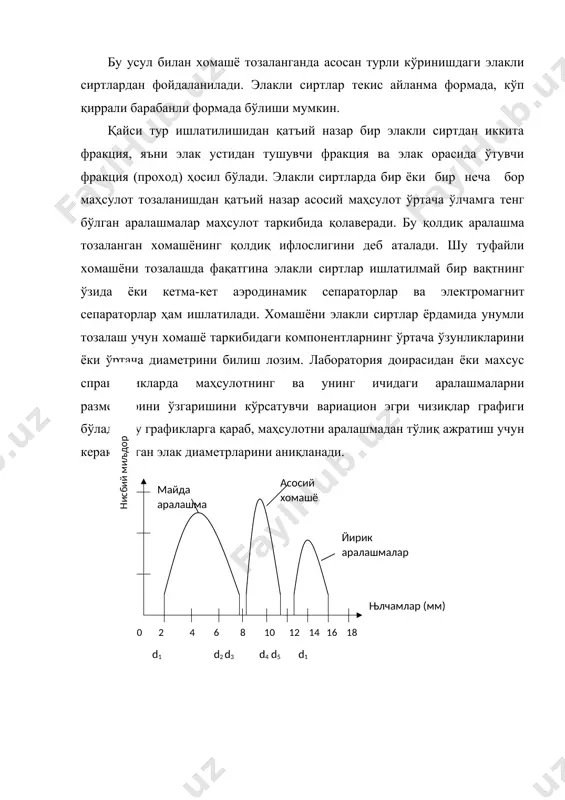 лда агар элакнинг размерлари d,d,d ва d га тенг қилиб олинса, маҳсулот аралашмадан деярли тўлиқ ажратилади. 2 – холда. элакнинг размерлари d,d,d,d ларга тенг бўлганда асосий аралашмаларни тўлиқ ажратилмайди, яъни маҳсулотнинг бир қисми майда аралашмалар ичидан яна бир бошқа қисми йирик аралашмалар ичида қолади, шу билан бирга аралашманинг ҳам бир қисми ҳам тўсатдан маҳсулот таркибида қолади. 3 – холда. элакнинг хеч бир размери d,d,d,d маҳсулотни аралашмадан ажратишга имкон бермайди. хомашёдан аралашмаларни ажратиш учун металлик штампланган элаклар ҳамда туқилган элаклар ишлатилади. металлик элакларнинг тешиклар формаси доиро шаклида ёки чўзиқроқ шаклида бўлиши мумкин. доира шаклидаги тешикдан хомашё ўзининг кенглиги бўйича ўтади. ўзунчоқ шаклдаги тешиклардан қалинлиги бўйича ўтади. l в а кунгабоқар уруғи а-кенглиги, 1 – ўзунлиги, в-эни доира шаклидаги тешикли элаклар саноатда кенг қўлланилади ва умуман олгандан металли штампланган элаклар ўзининг чидамлилиги билан ўзоқ муддатда фойдаланиш имконини беради, лекин металл элакларнинг фойдали юза коэффициентлари унчалик катта эмас ва 50-60 % атрофида к …